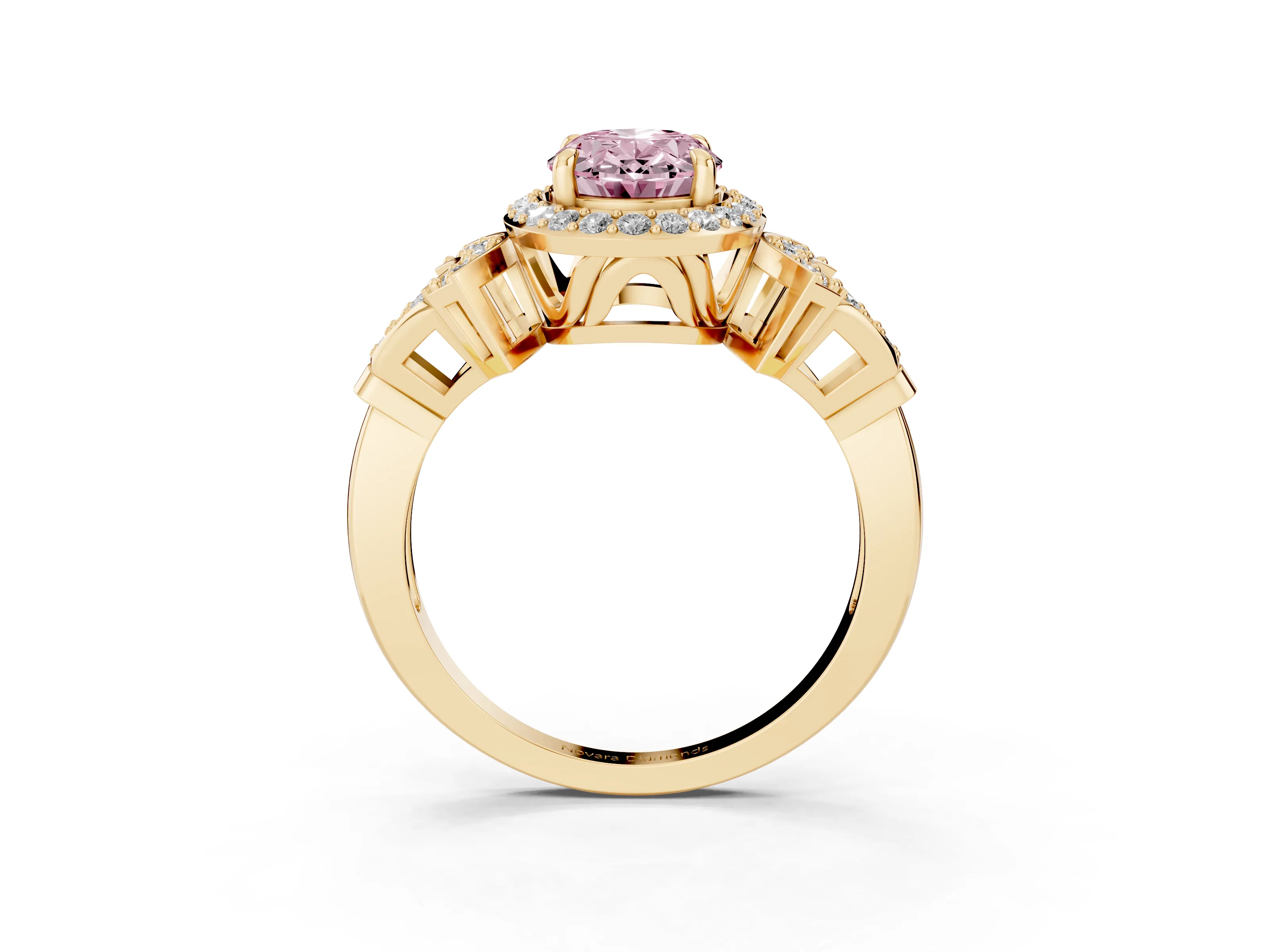 Fancy Pink Oval Cut Diamond Halo Engagement Ring Set in Yellow gold with Accent Stone Split Shank