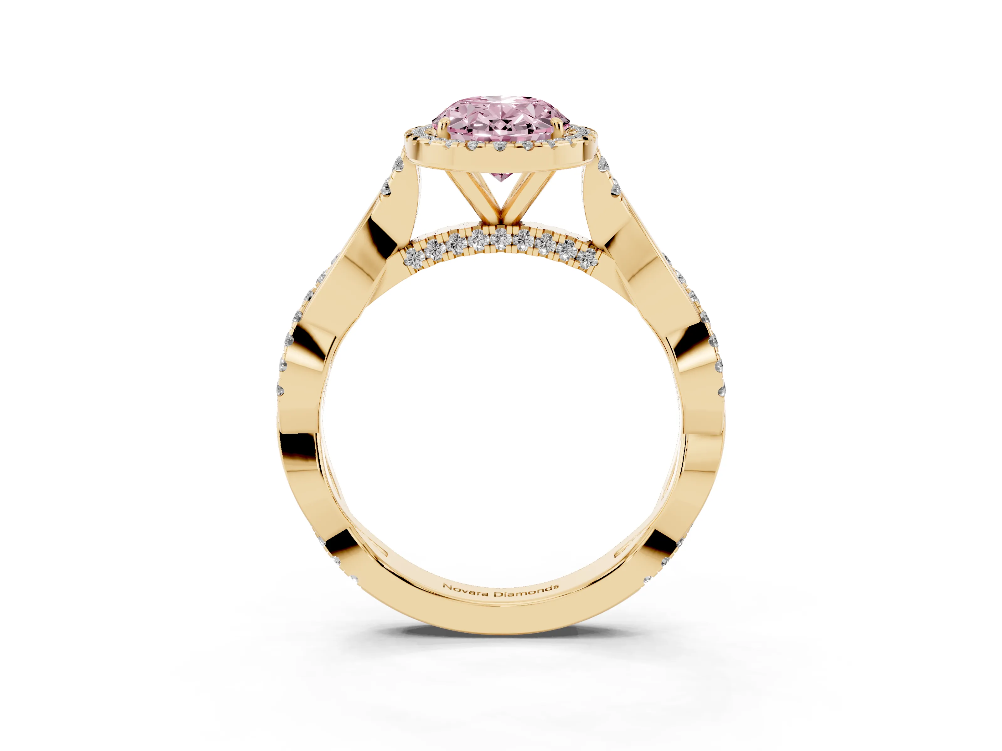 Fancy Pink Oval Cut Diamond Halo Twist Band Solitaire Ring Set in Yellow gold with Prong Setting