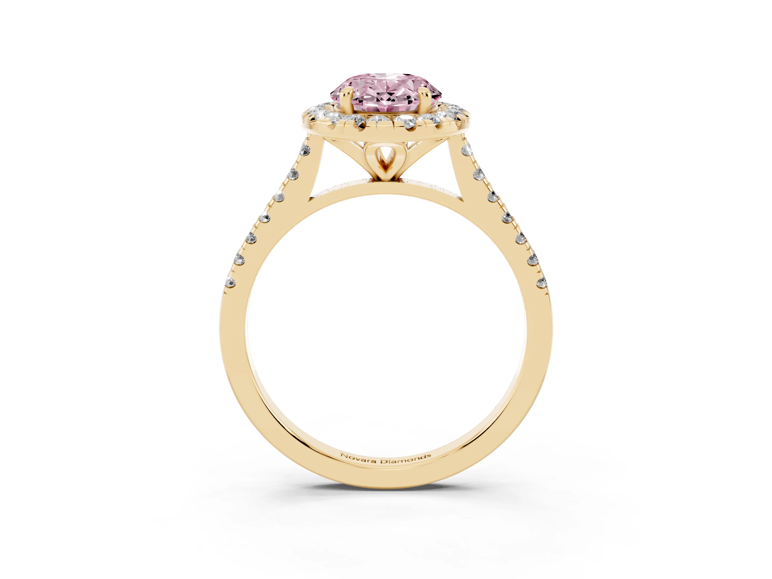 Fancy Pink Oval Cut Diamond Cushion Halo Ring Set in Yellow gold with Pavé Band