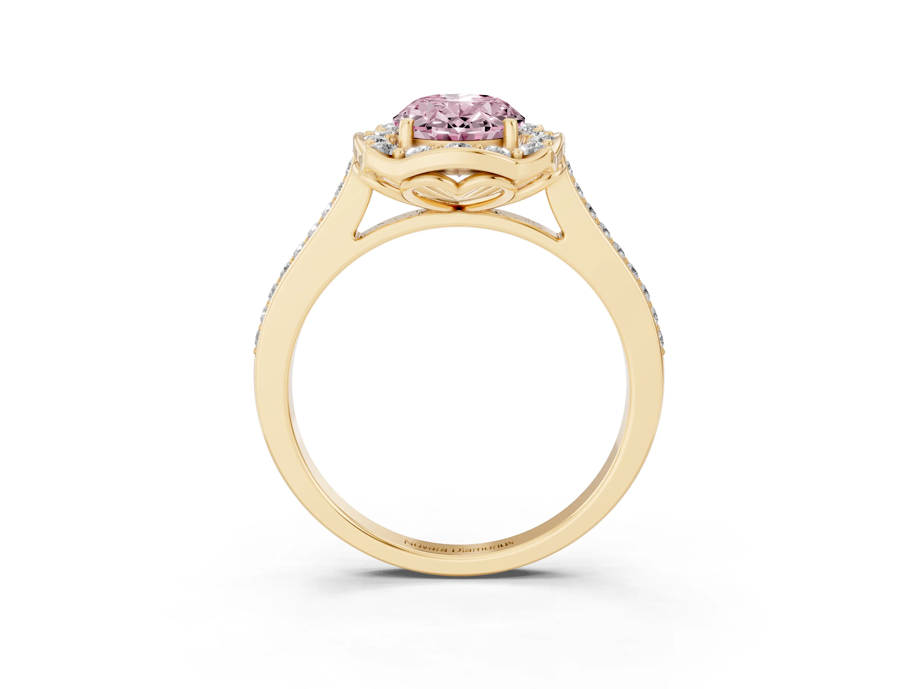 Fancy Pink Oval Cut Diamond Halo Ring Set in Yellow gold with Pavé-Lined Shoulders and Prong Setting