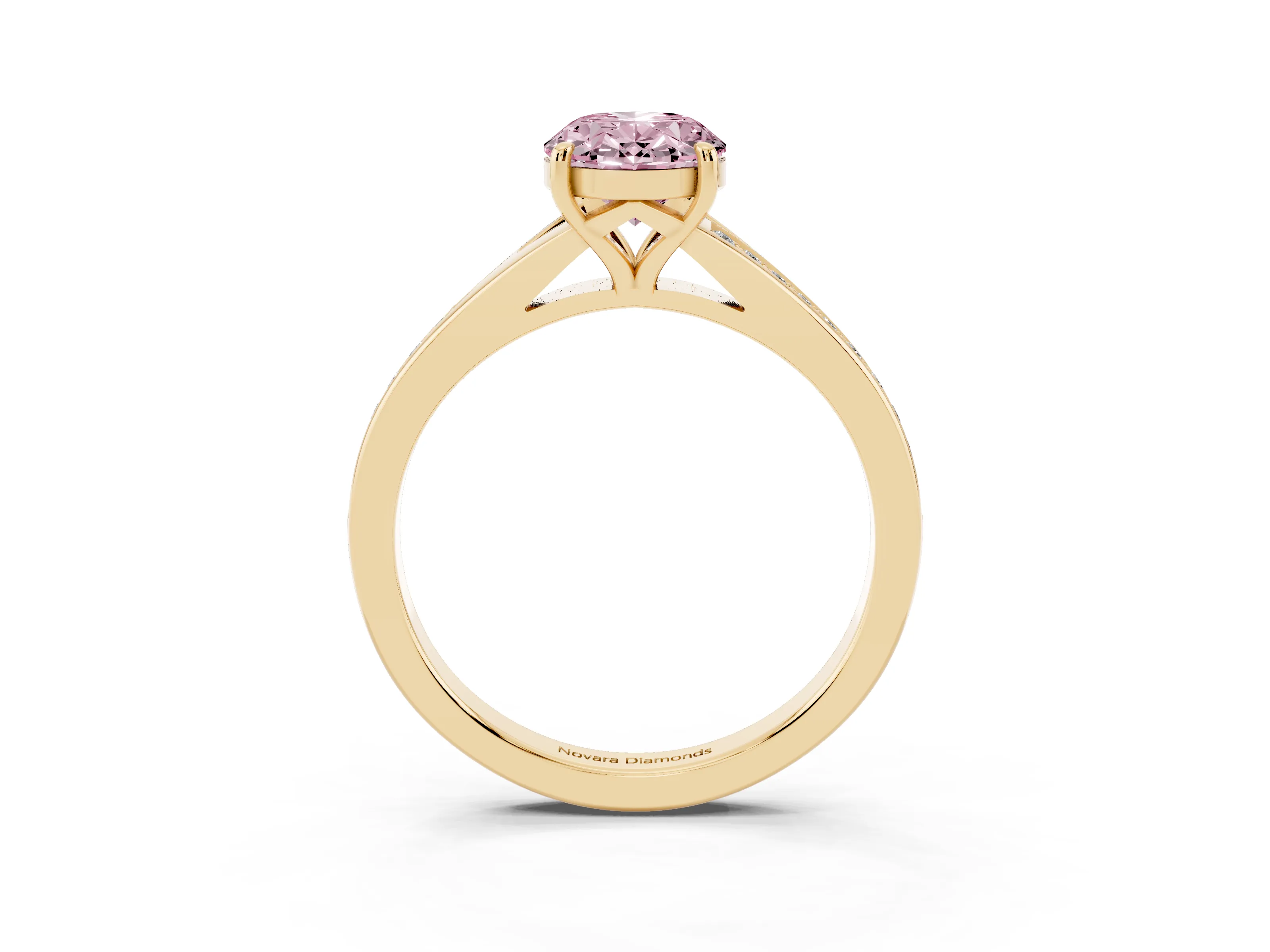 Fancy Pink Oval Cut Diamond Solitaire Ring Set in Yellow gold with Pavé Accent Band and Classic Prong Setting