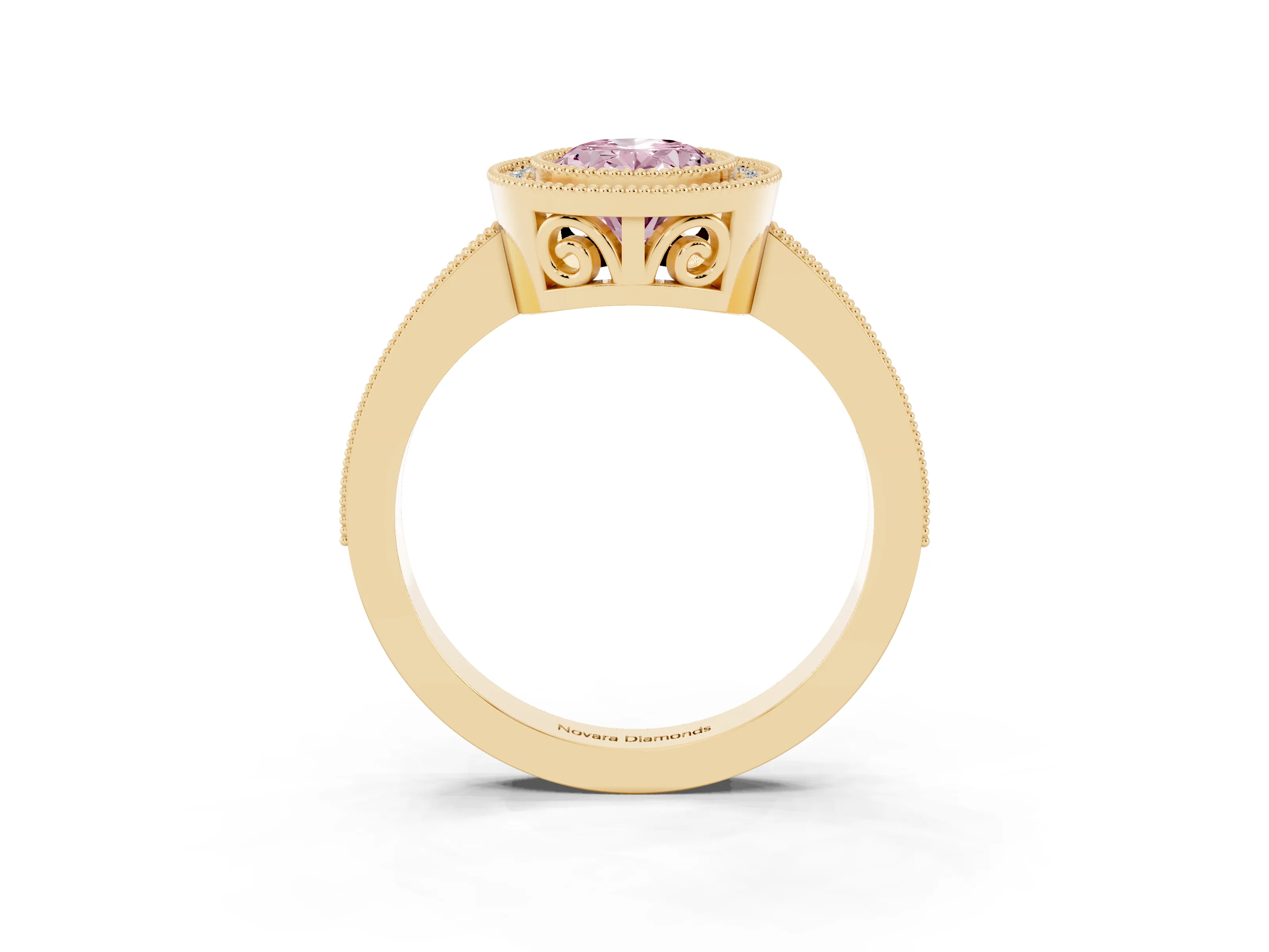 Fancy Pink Oval Cut Diamond Round Halo Ring Set in Yellow gold with Pavé Band