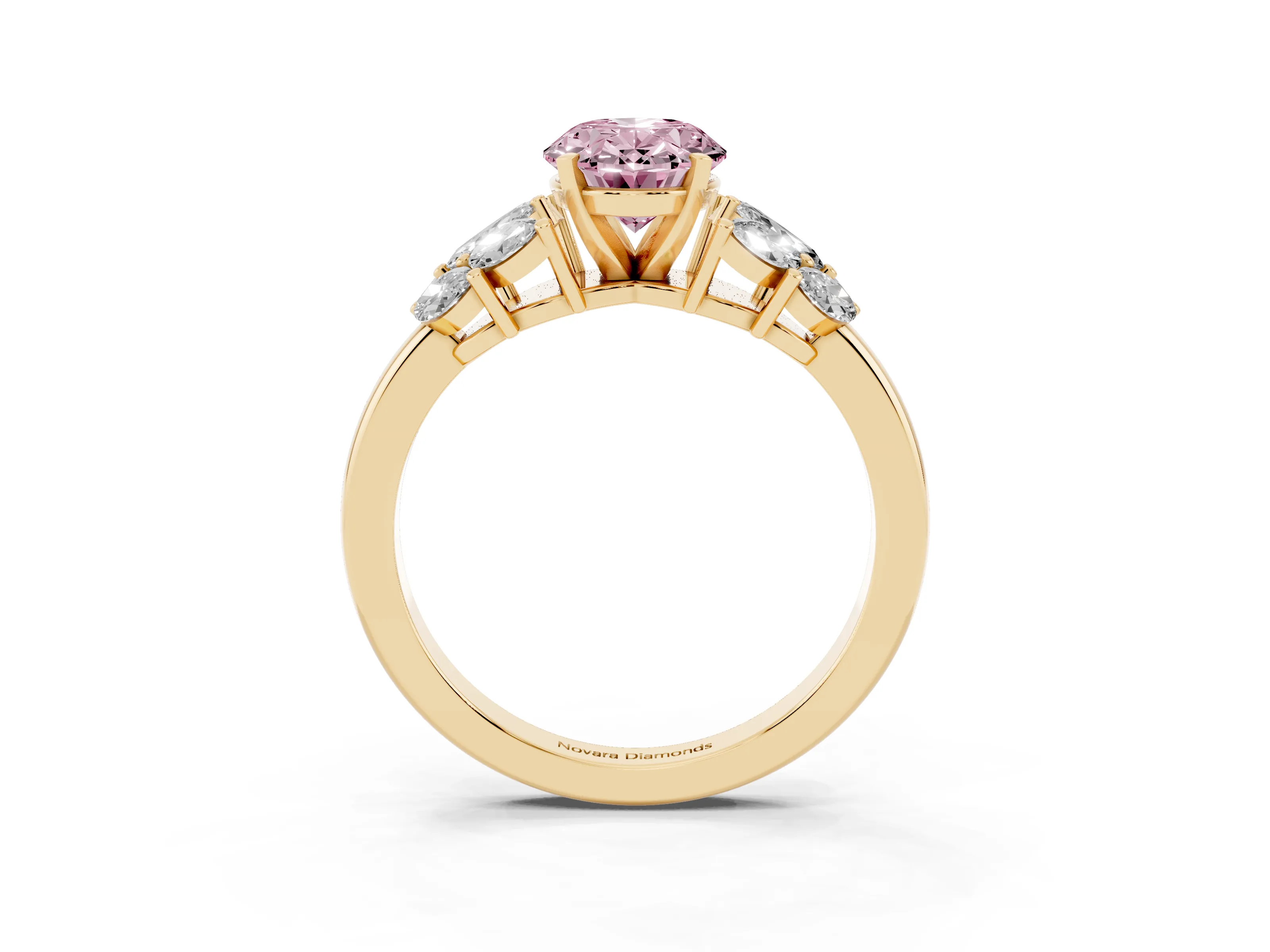 Fancy Pink Oval Cut Diamond Cluster Leaf Design Ring Set in Yellow gold with Prong Setting