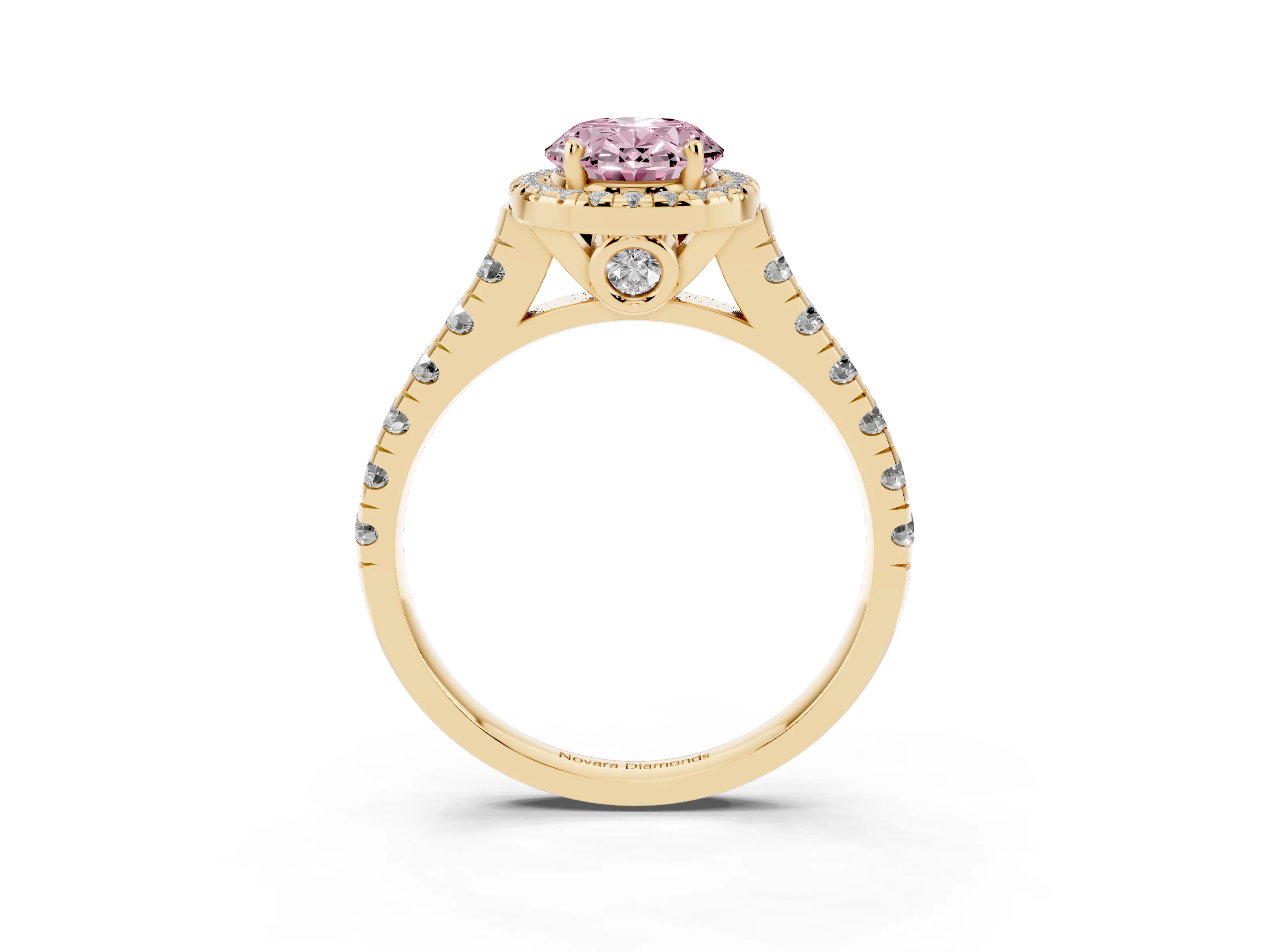 Fancy Pink Oval Cut Diamond Halo Engagement Ring Set in Yellow gold with Pavé Band and Prong-Set Center