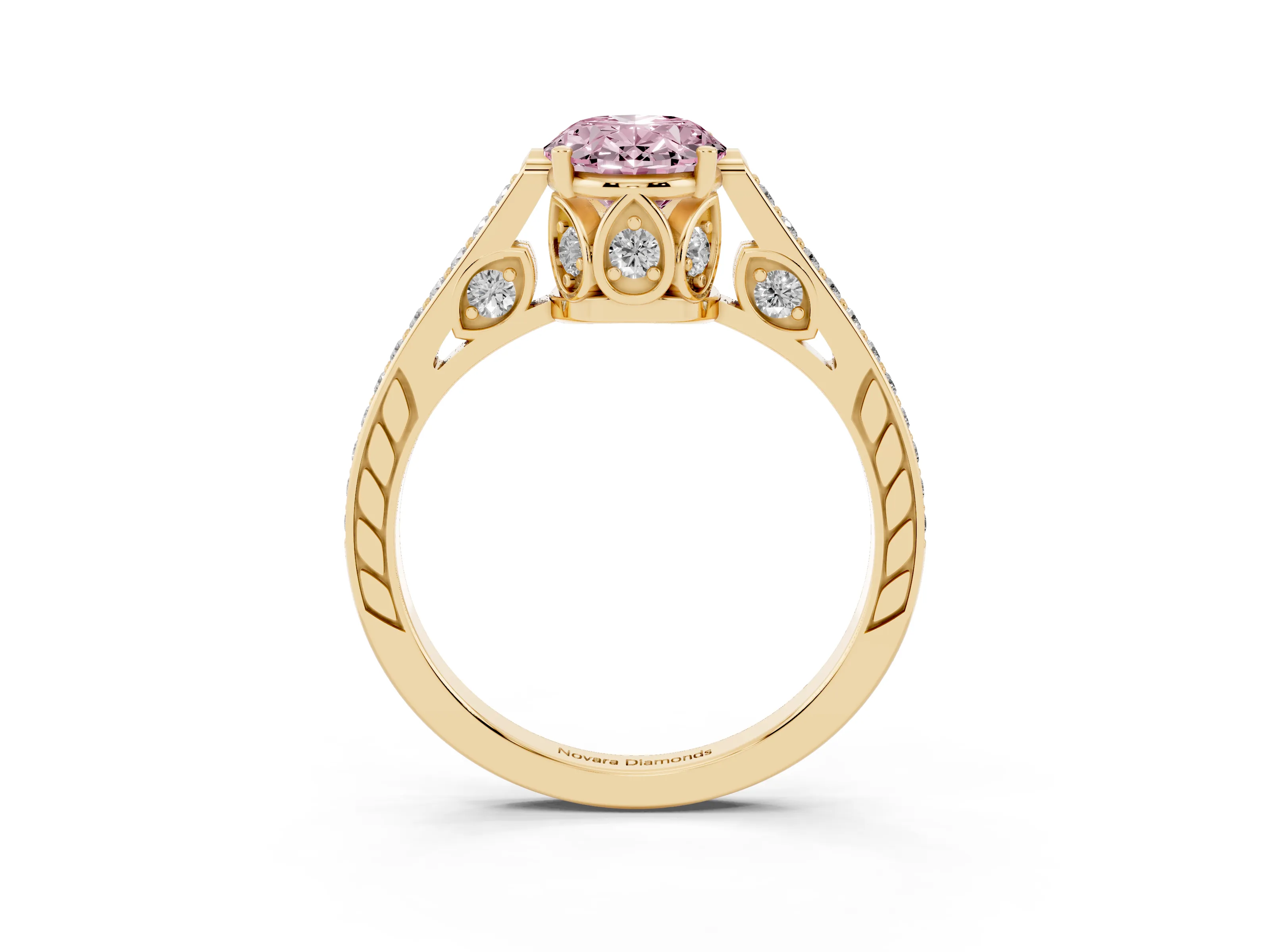 Fancy Pink Oval Cut Diamond Cathedral Pavé Engagement Ring Set in Yellow gold with Prong Setting