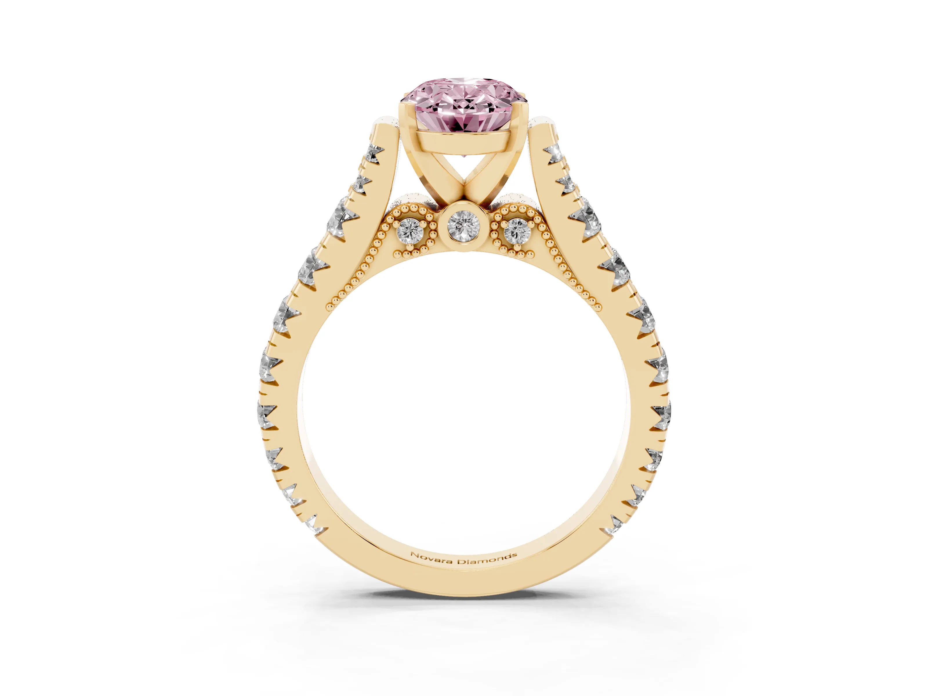 Fancy Pink Oval Cut Diamond Classic Solitaire Ring Set in Yellow gold with Pavé Band and Prong Setting