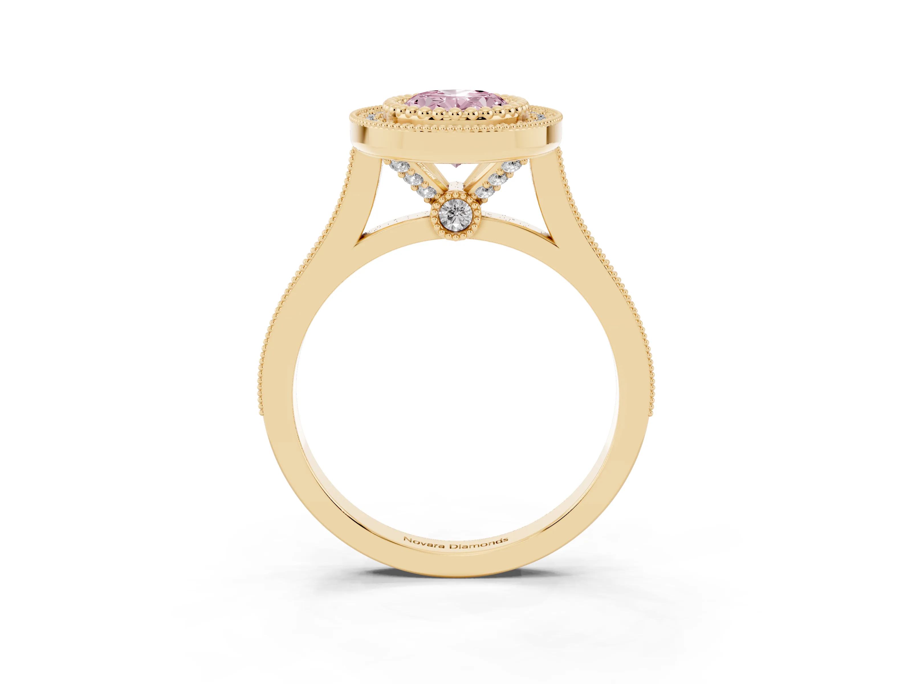 Fancy Pink Oval Cut Diamond Halo Ring Set in Yellow gold with Milgrain Frame and Pavé Band