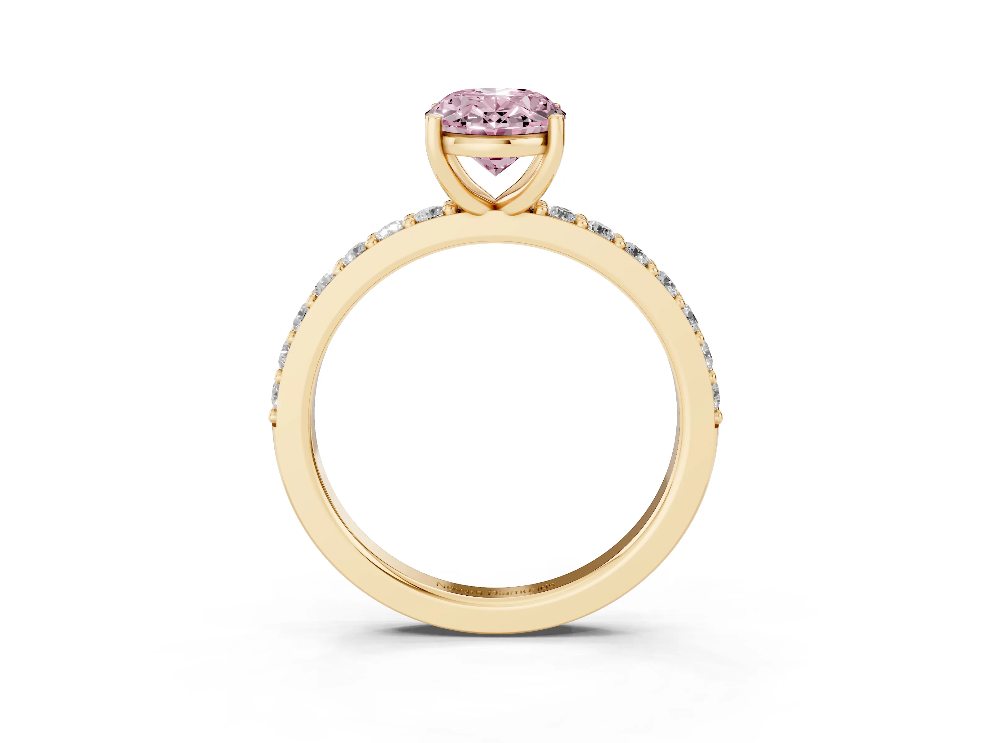 Fancy Pink Oval Cut Diamond Solitaire Set in Yellow gold with Round Pavé Band and Prong Setting