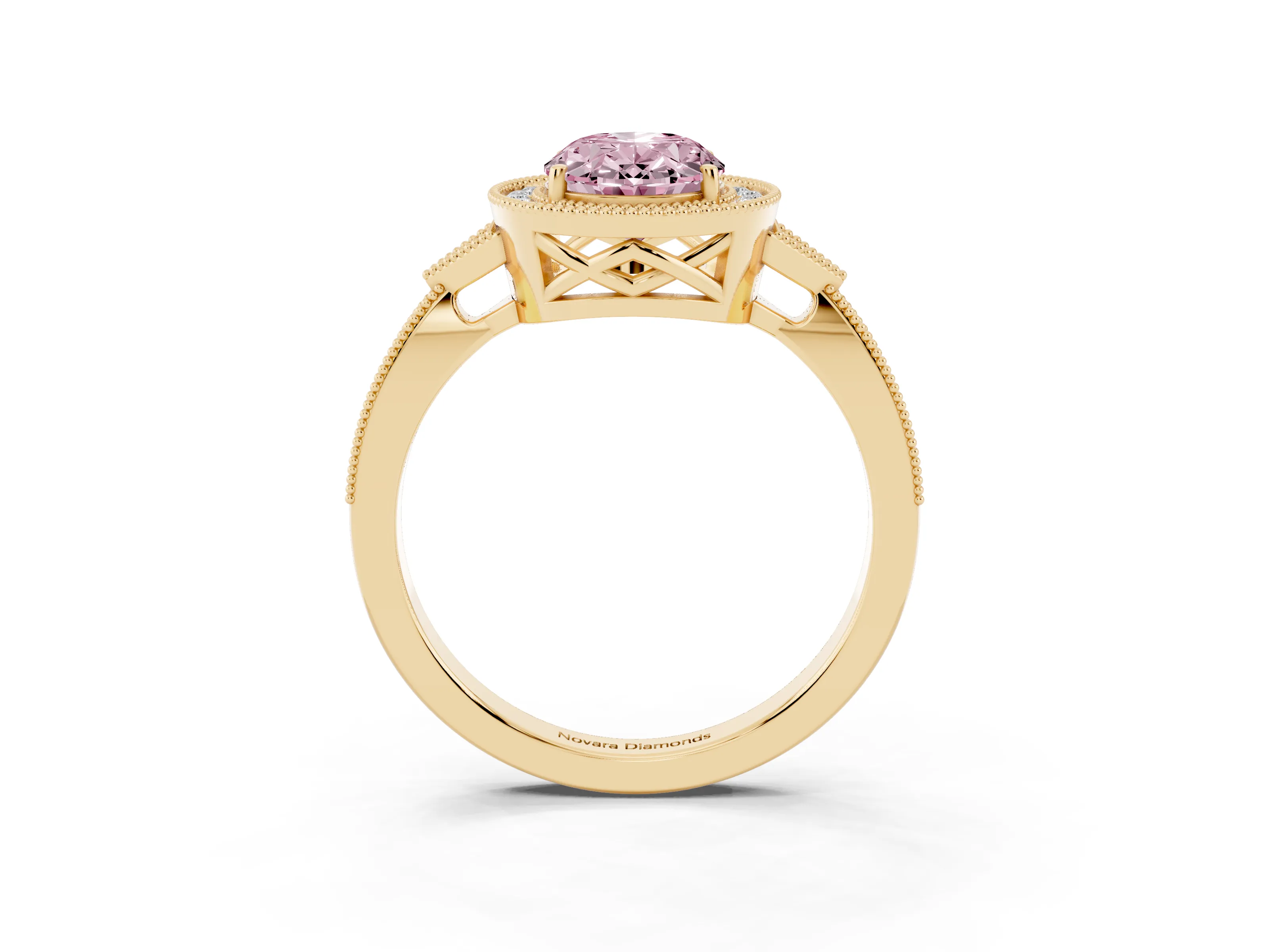 Fancy Pink Oval Cut Diamond Halo Engagement Ring Set in Yellow gold with Milgrain Pavé Band