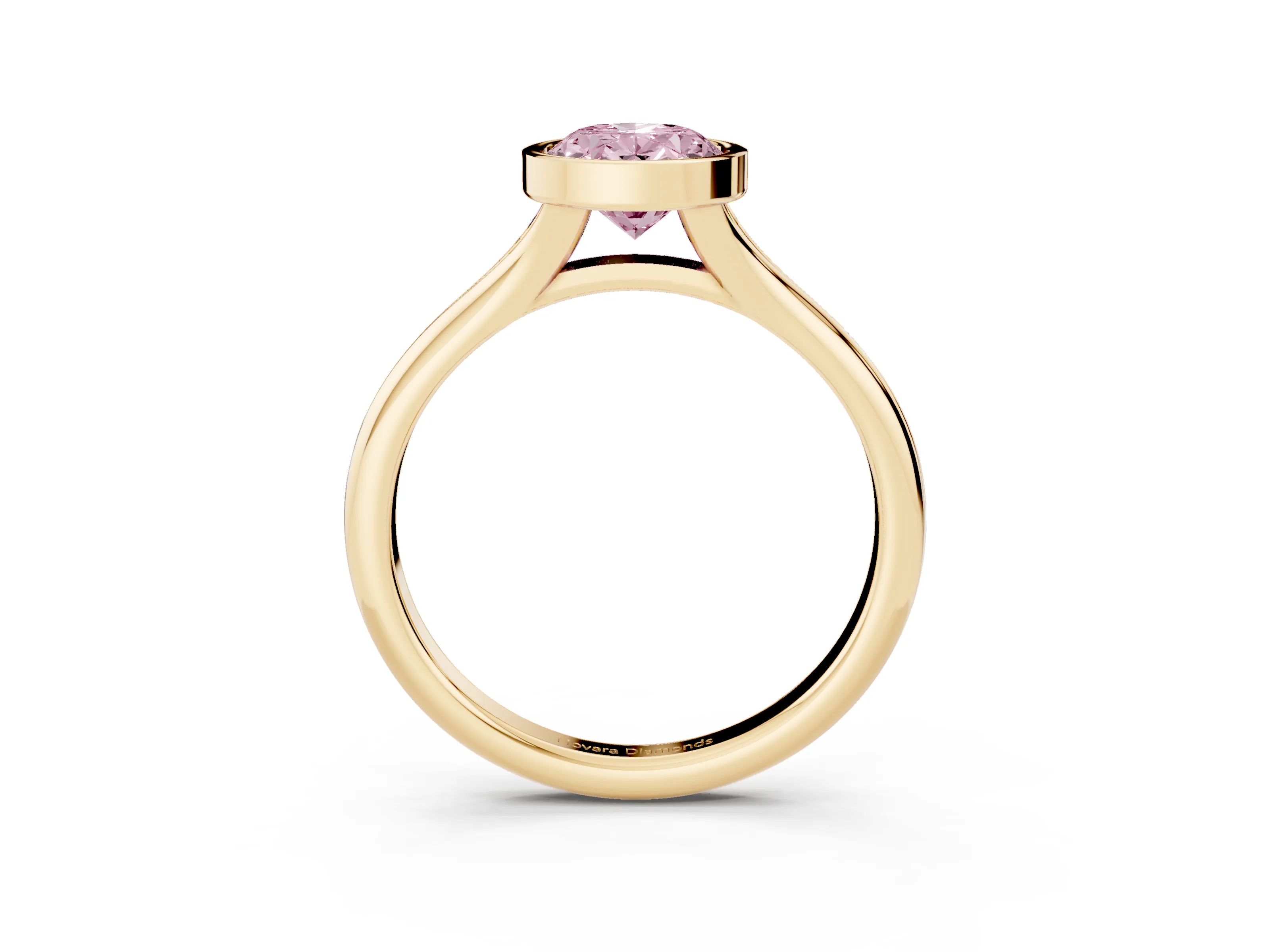 Fancy Pink Bezel Set Oval Cut Diamond Solitaire Ring Set in Yellow gold with Smooth Band