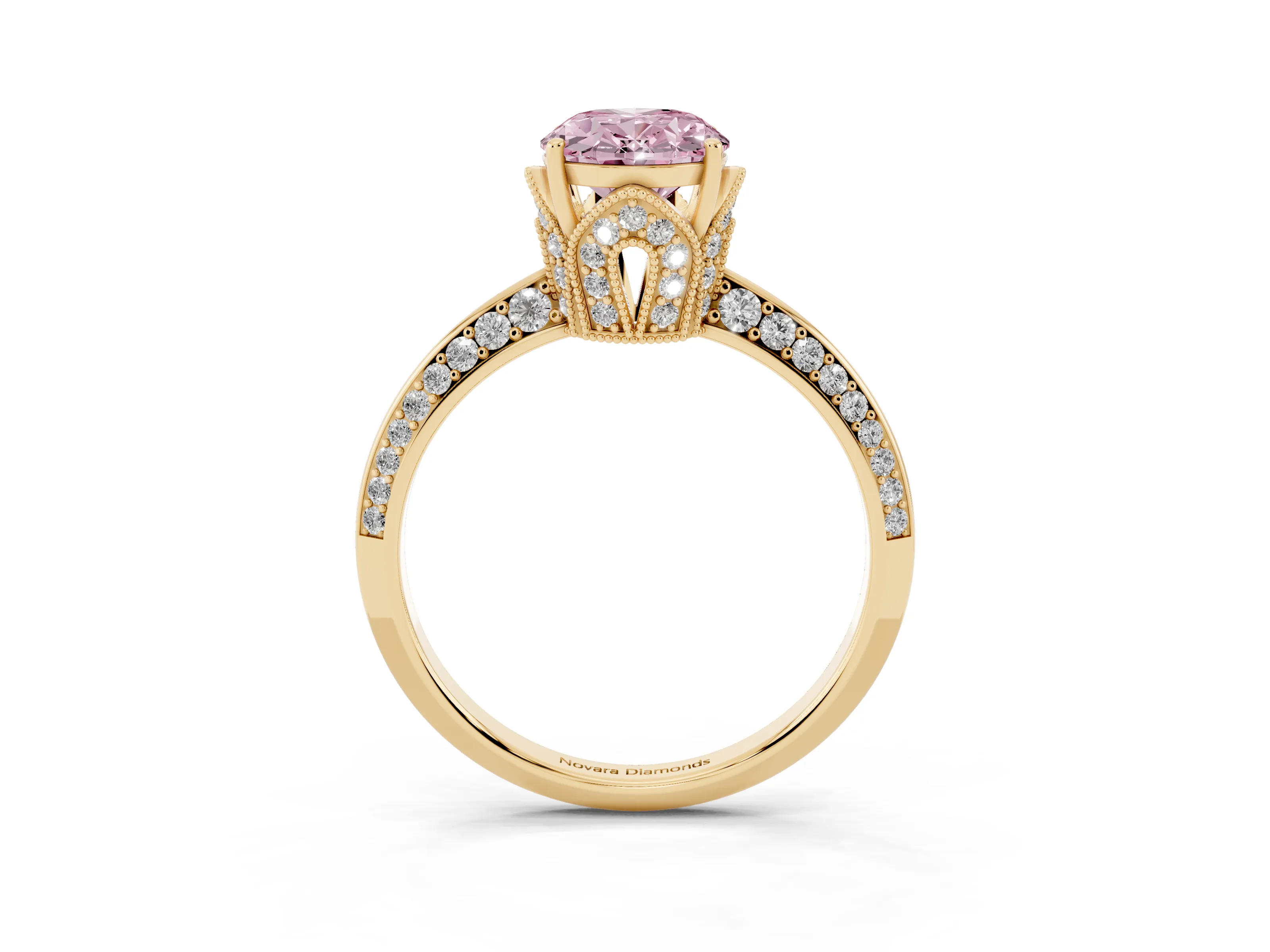 Fancy Pink Oval Cut Diamond Solitaire Engagement Ring Set in Yellow gold with Pavé Split Shank and Prong Setting