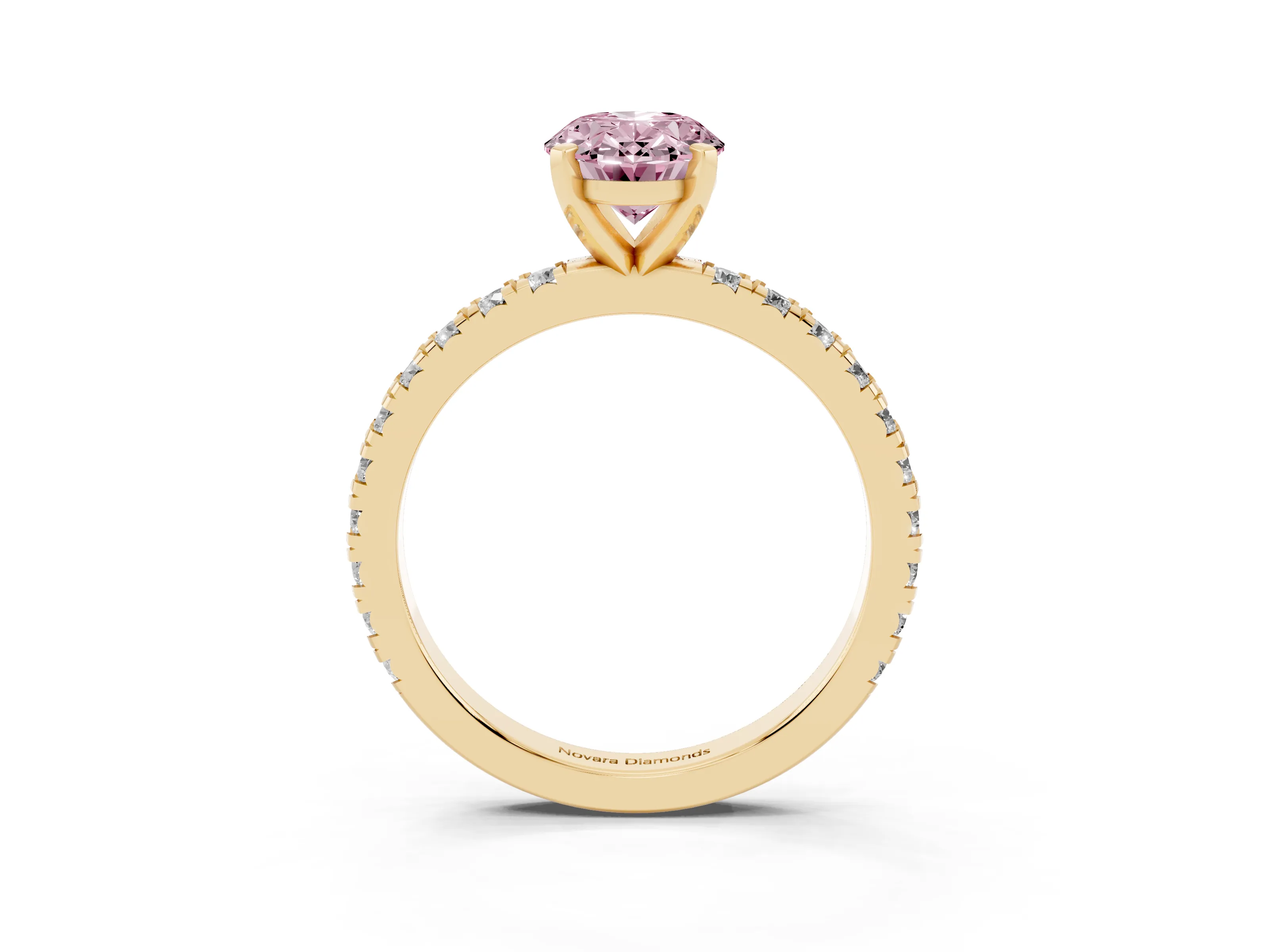 Fancy Pink Oval Cut Diamond Pavé Band Solitaire Set in Yellow gold with Prong Setting