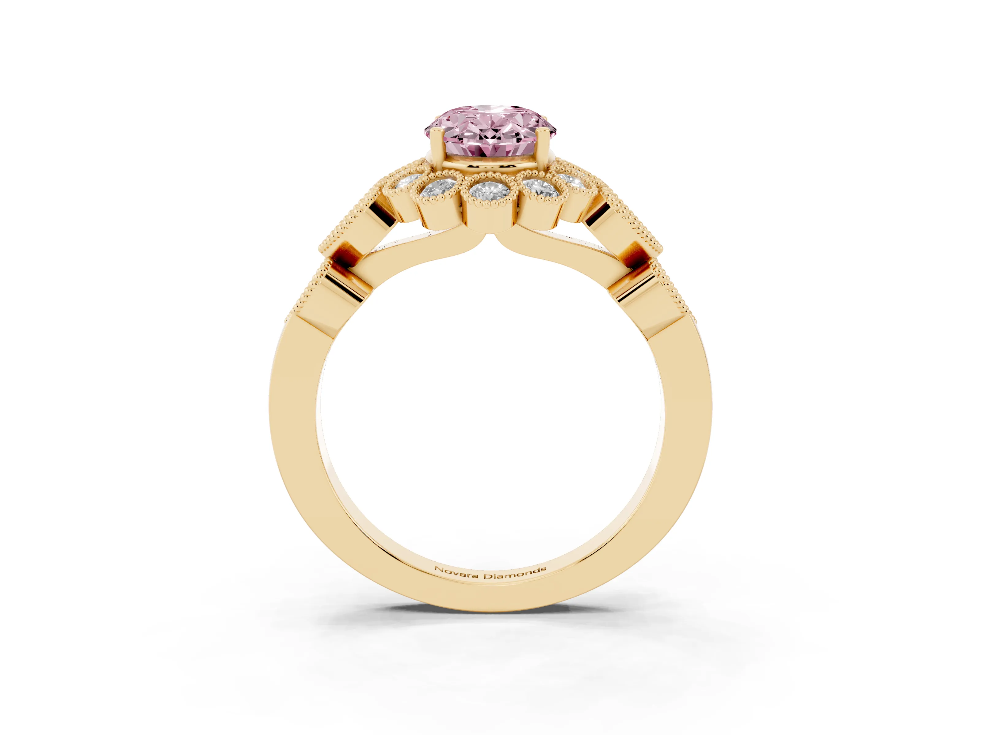 Fancy Pink Oval Cut Diamond Solitaire Ring Set in Yellow gold with Milgrain Pavé Heart Band
