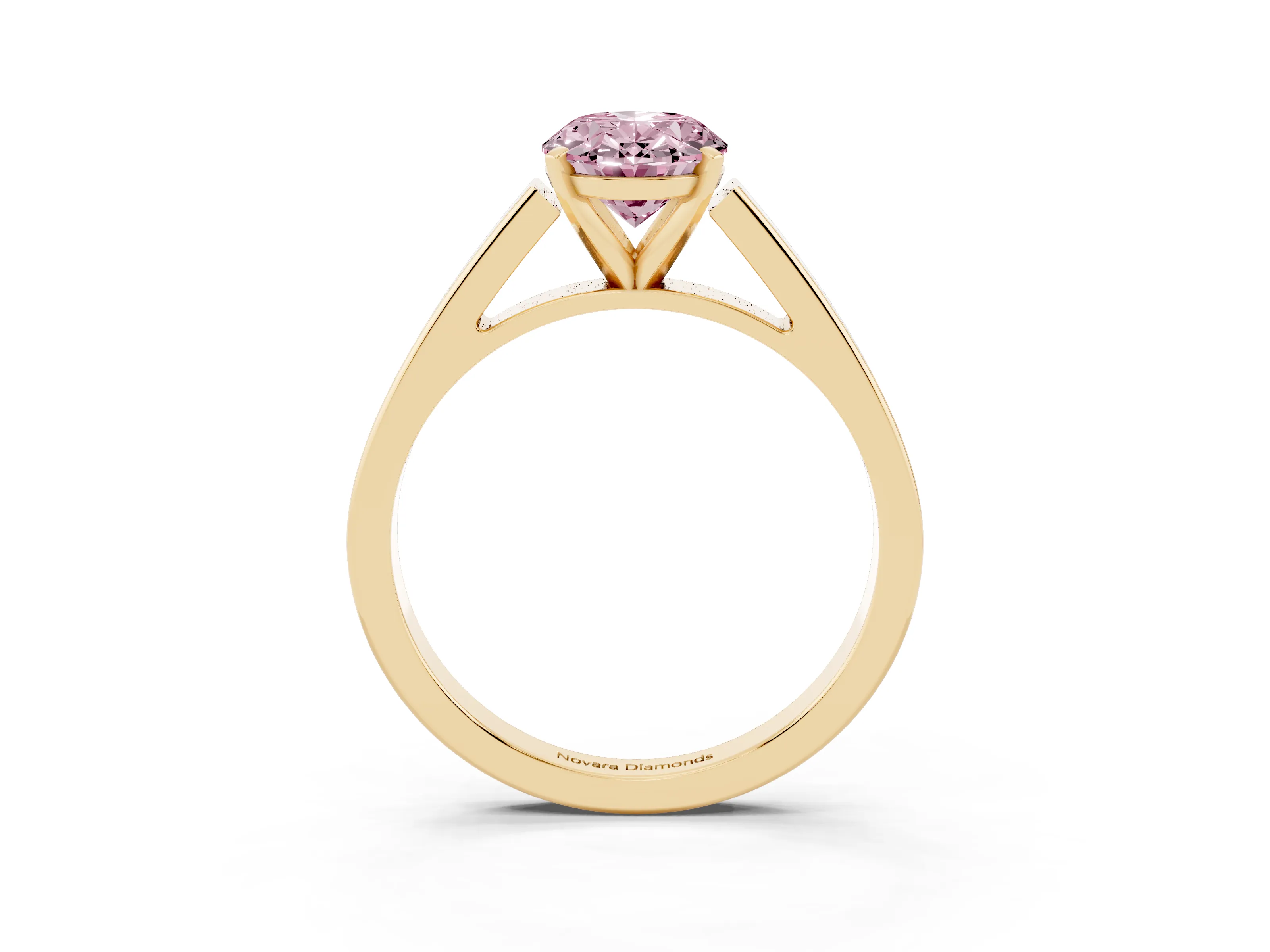 Fancy Pink Oval Cut Diamond Solitaire Engagement Ring Set in Yellow gold with Prong Setting and Tapered Band