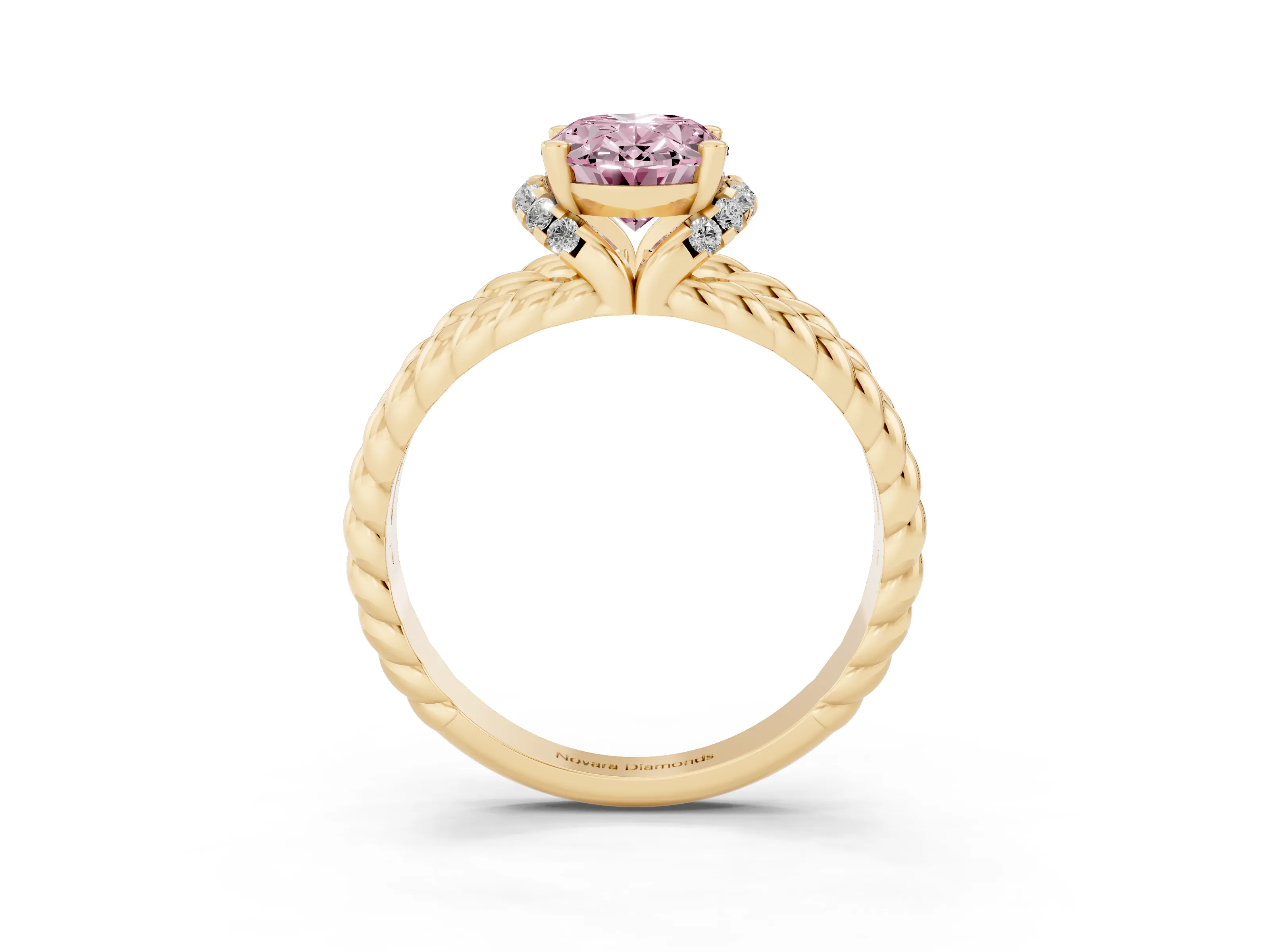 Fancy Pink Oval Cut Diamond Halo Ring Set in Yellow gold with Twisted Band and Prong Setting