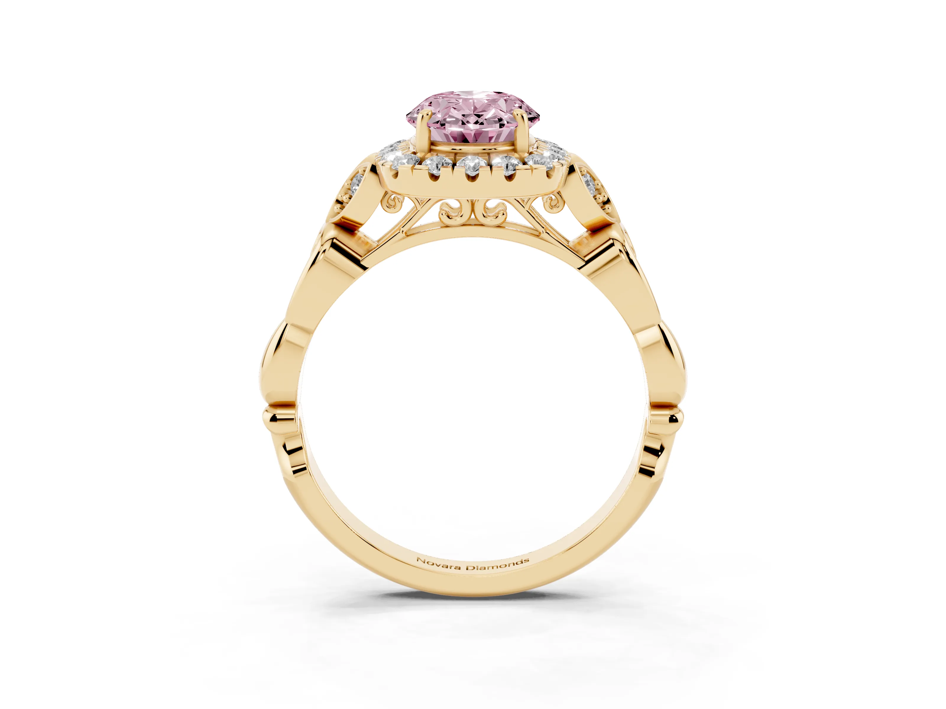 Fancy Pink Oval Cut Diamond Halo Engagement Ring Set in Yellow gold with Vintage-Inspired Band and Prong Setting