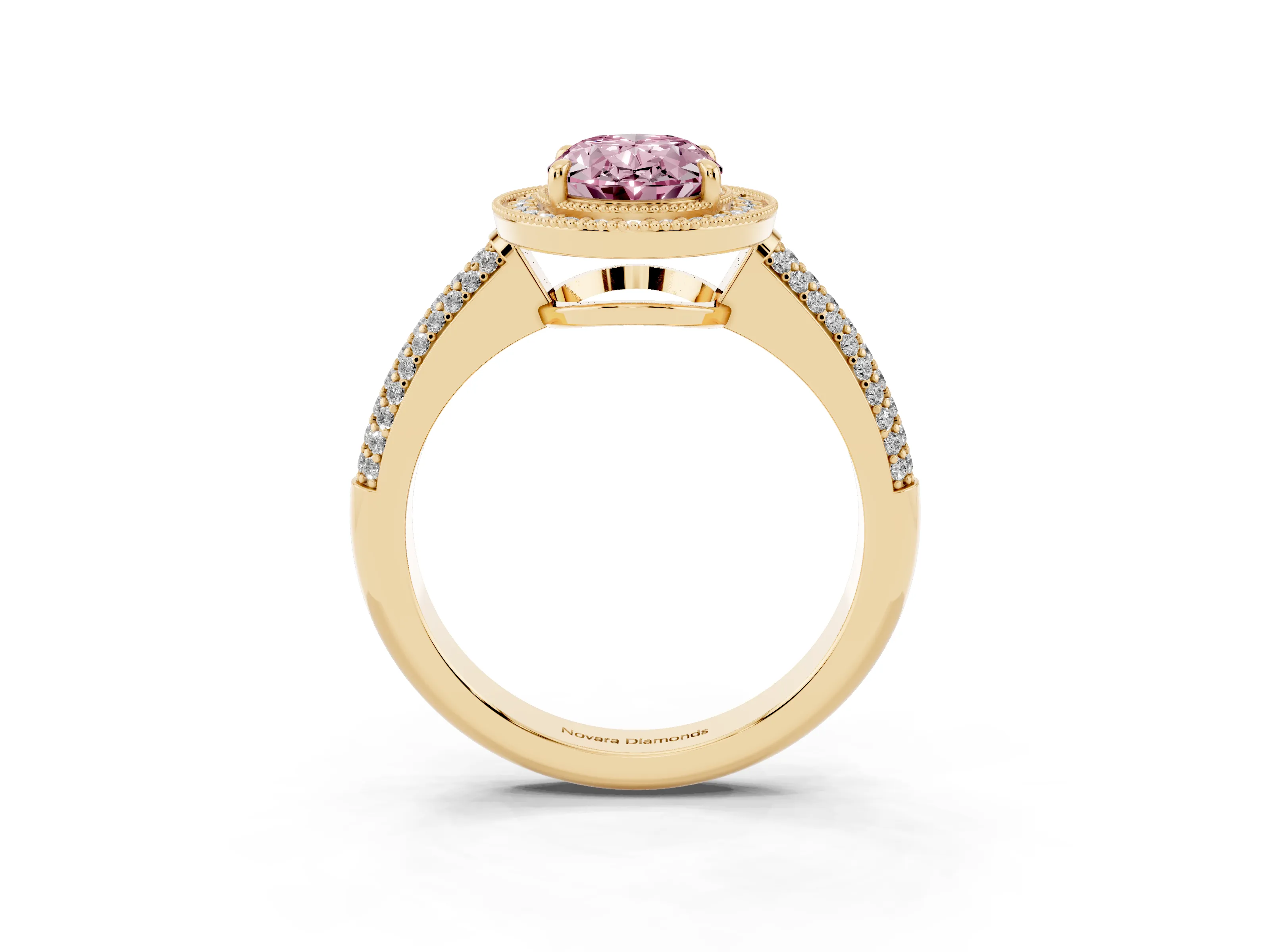Fancy Pink Oval Cut Diamond Halo Pavé Band Set in Yellow gold with Prong Setting
