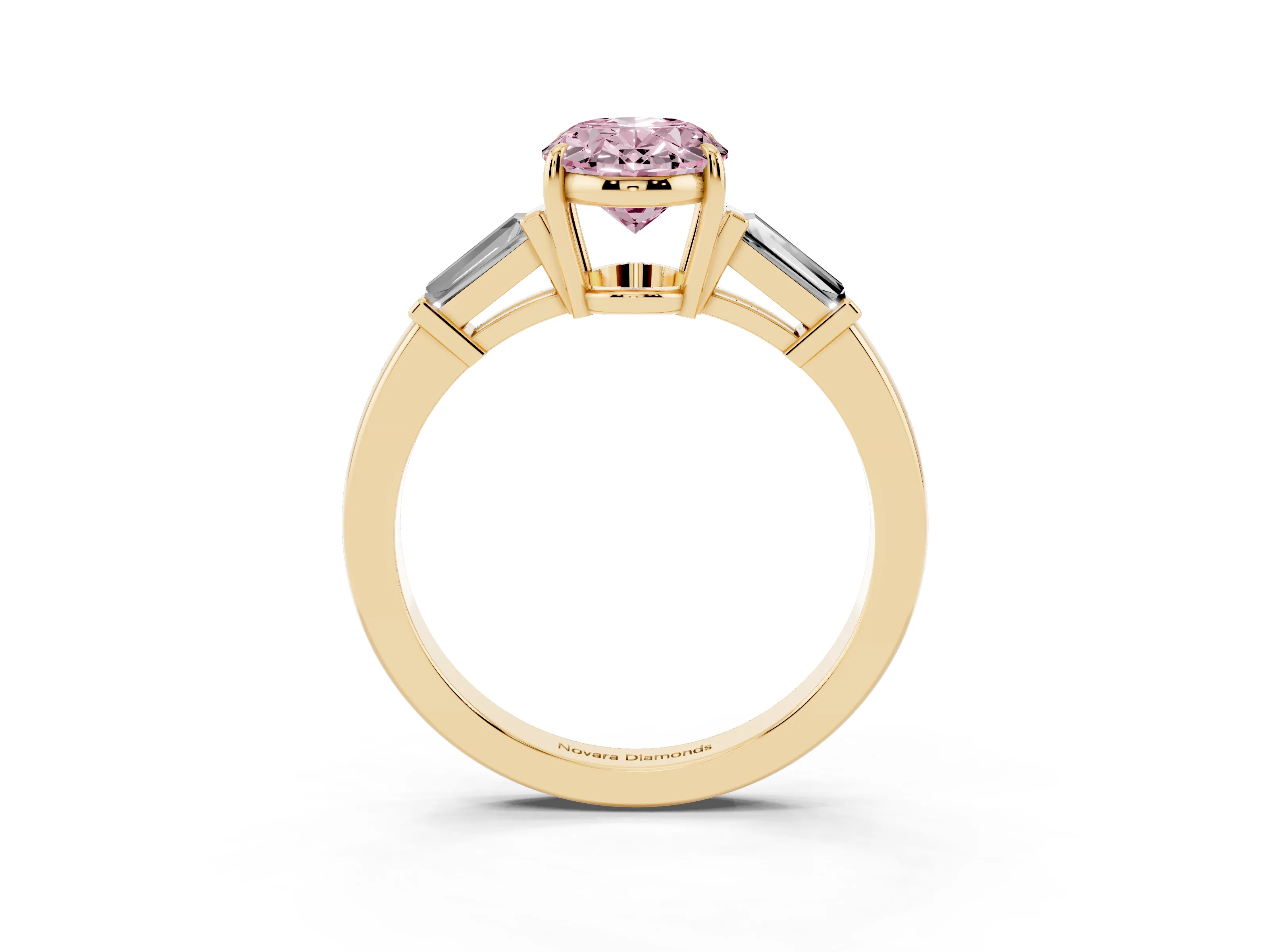 Fancy Pink Oval Cut Diamond Three-Stone Ring Set in Yellow gold with Tapered Baguette Side Stones and Prong Setting
