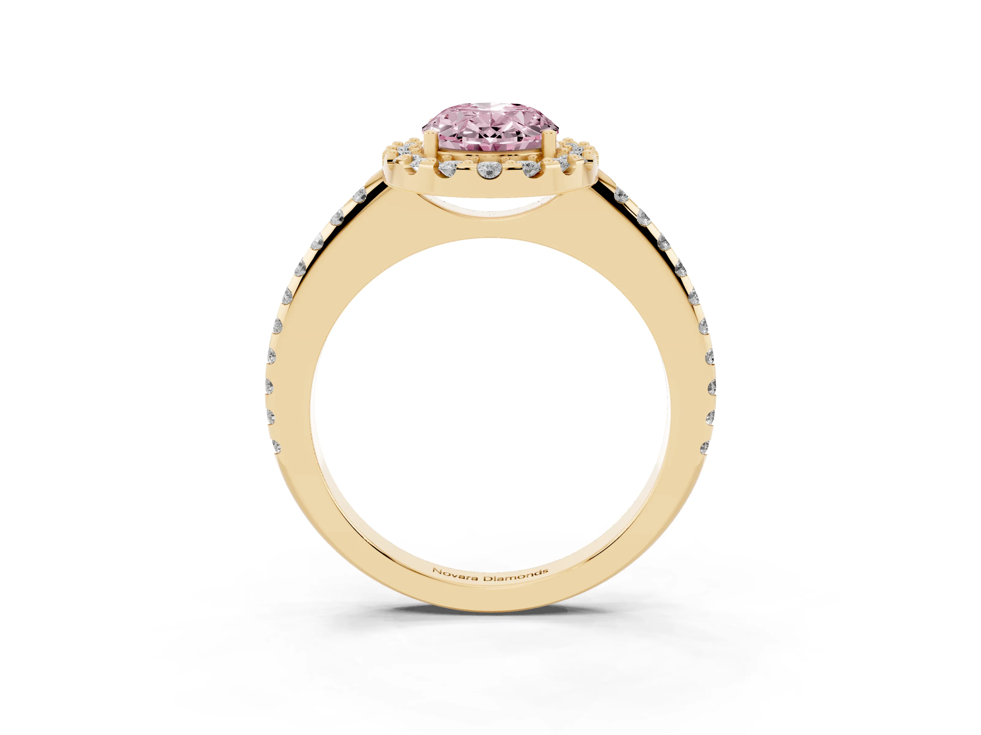 Fancy Pink Oval Cut Diamond Pavé Halo Ring Set in Yellow gold with Prong Setting