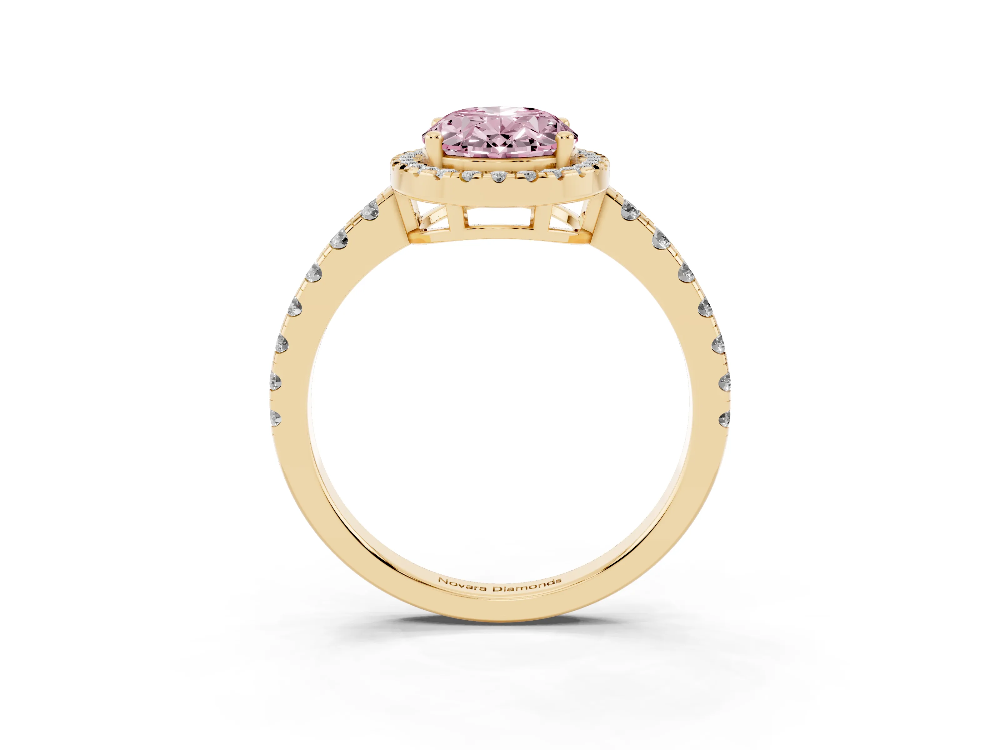 Fancy Pink Oval Cut Diamond Halo Ring Set in Yellow gold with Delicate Pavé Band and Prong Setting