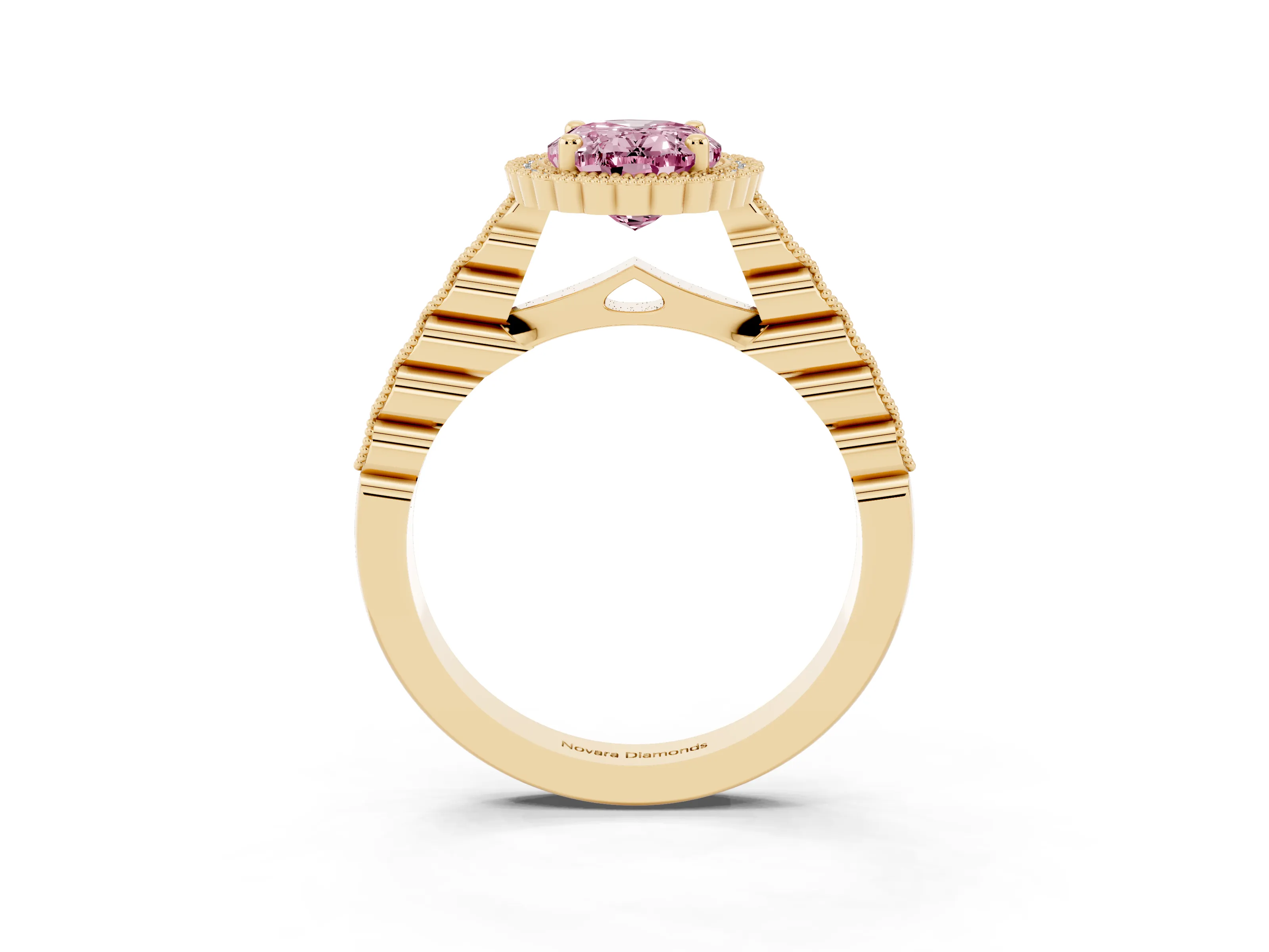 Fancy Pink Oval Cut Diamond Halo Ring Set in Yellow gold with Pavé Milgrain Band