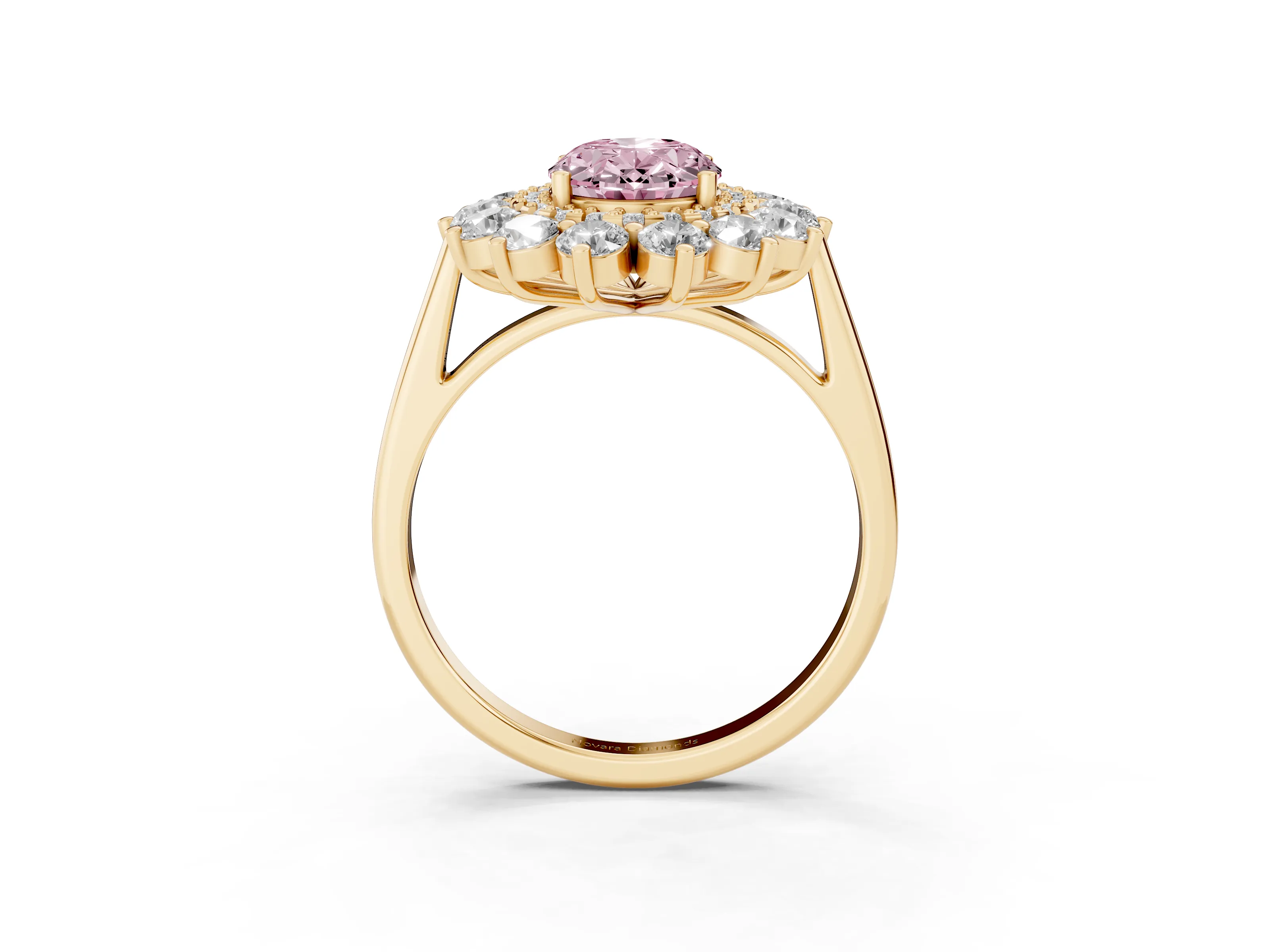 Fancy Pink Oval Cut Diamond Floral Double Halo Ring Set in Yellow gold with Round Petals