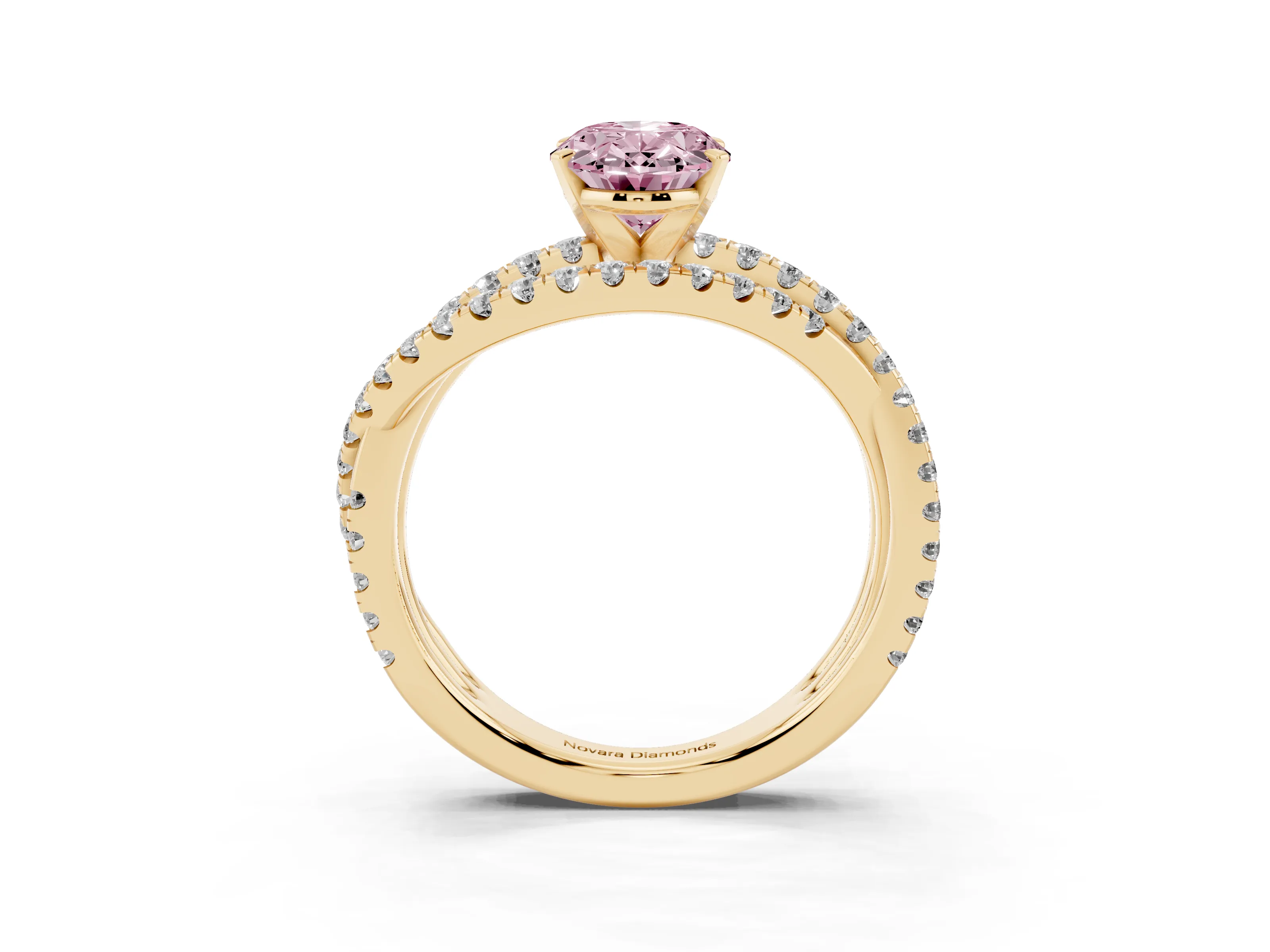 Fancy Pink Oval Cut Diamond Solitaire Twist Band Ring Set in Yellow gold with Pavé Setting and Prong Head
