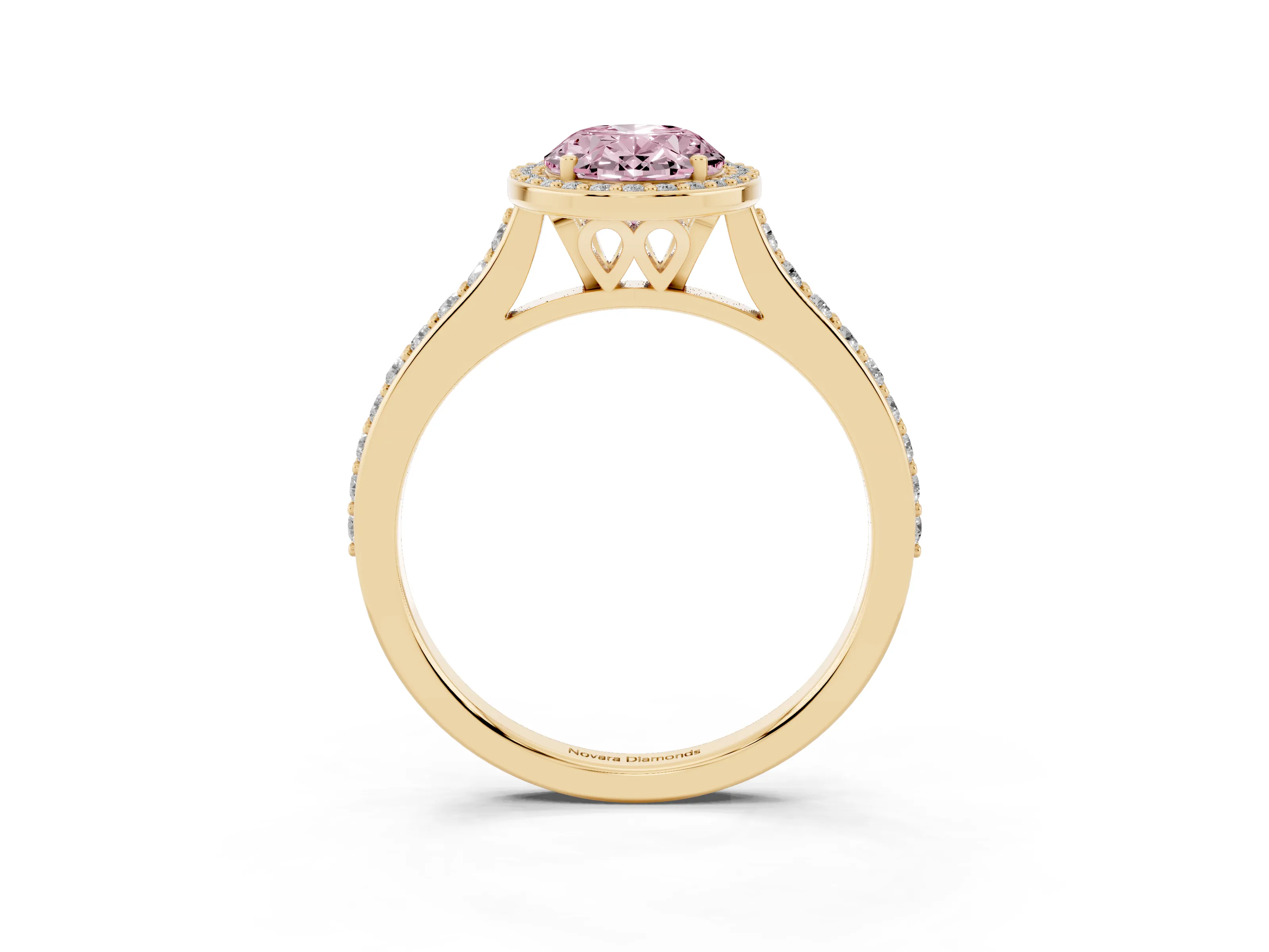 Fancy Pink Oval Cut Diamond Halo Engagement Ring Set in Yellow gold with Round Pavé Shoulders and Heart Gallery