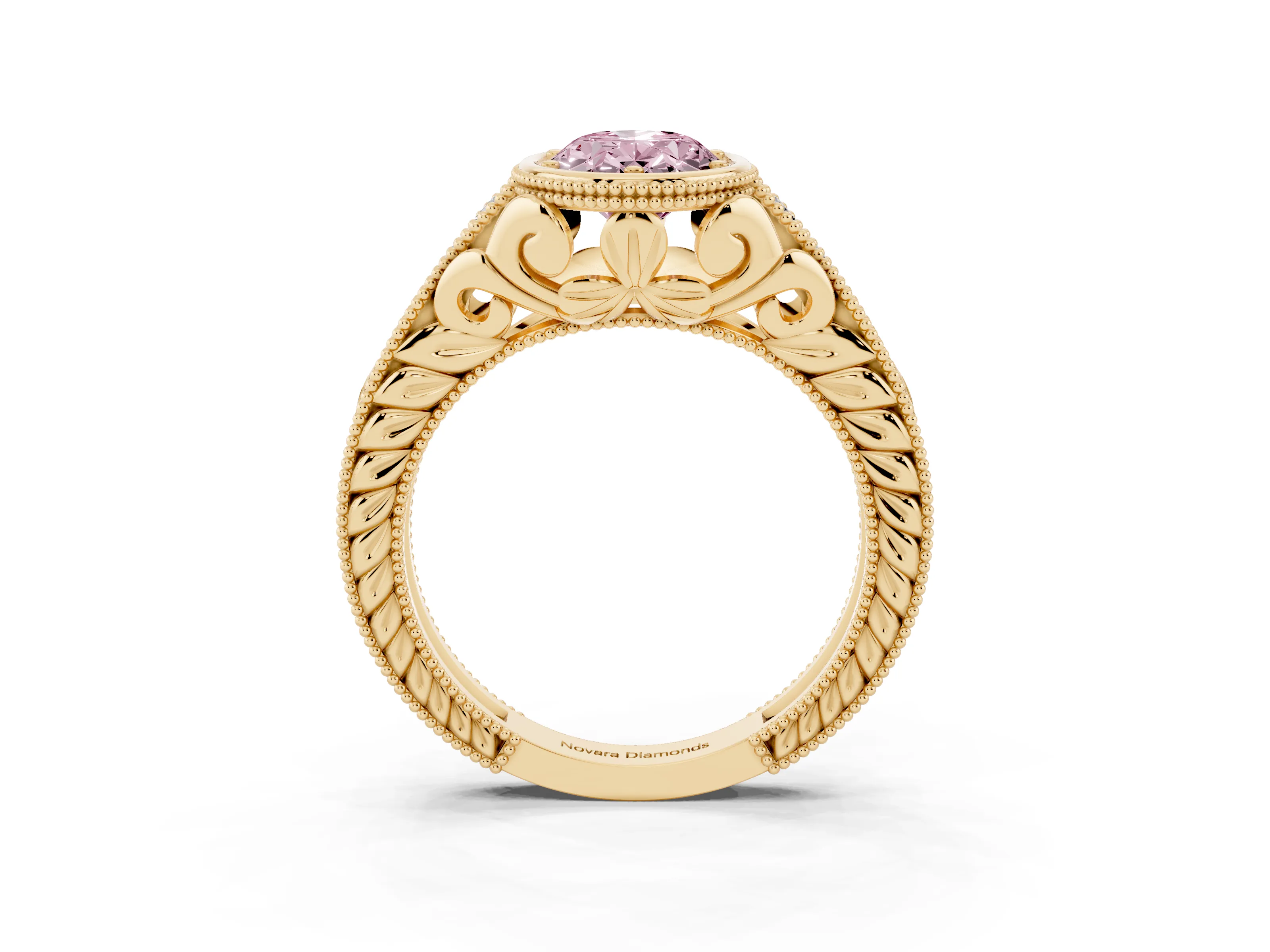 Fancy Pink Bezel Set Oval Cut Diamond Milgrain Pavé Engagement Ring Set in Yellow gold