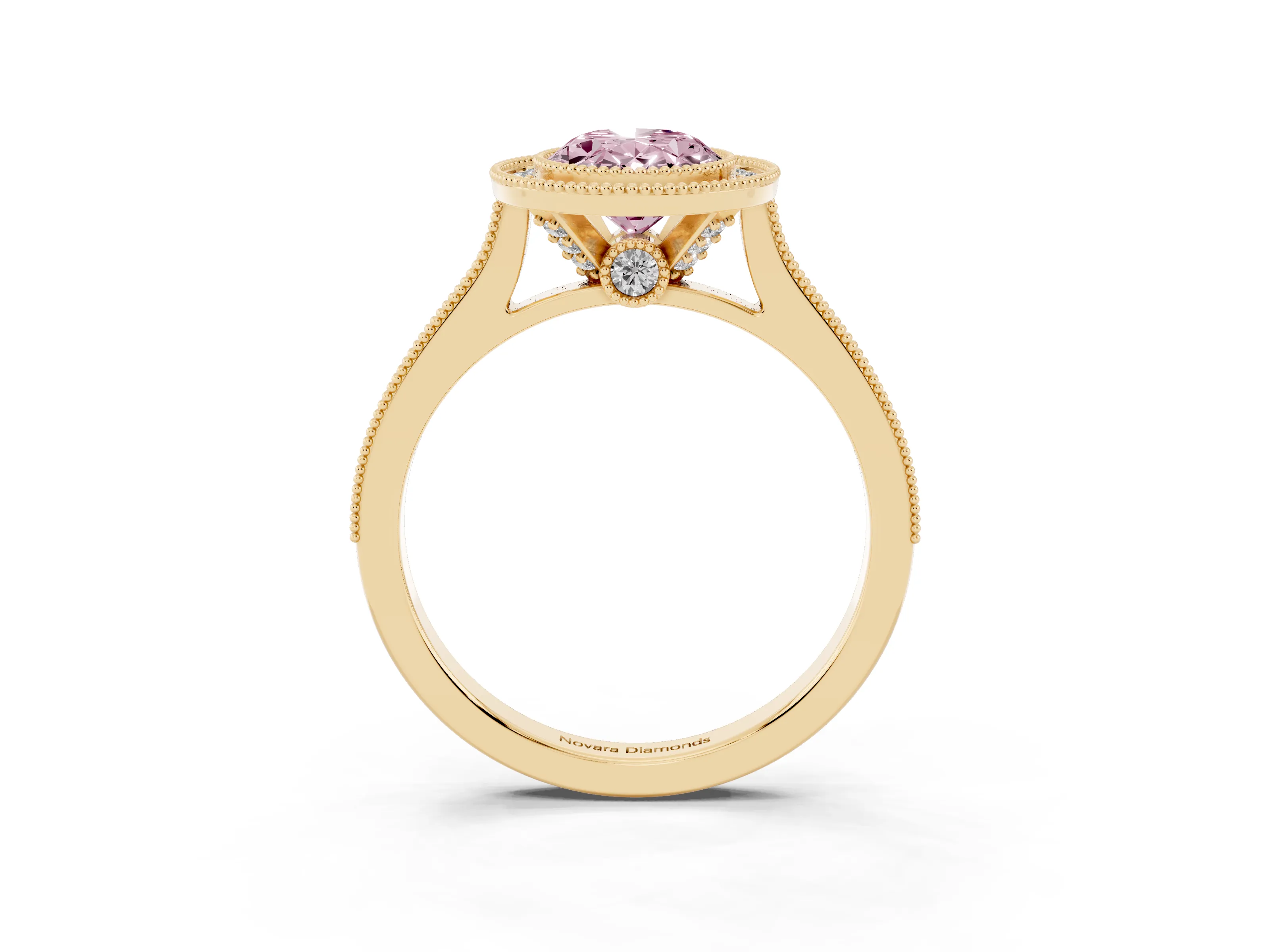 Fancy Pink Oval Cut Diamond Halo Milgrain Pavé Band Ring Set in Yellow gold with Prong Setting