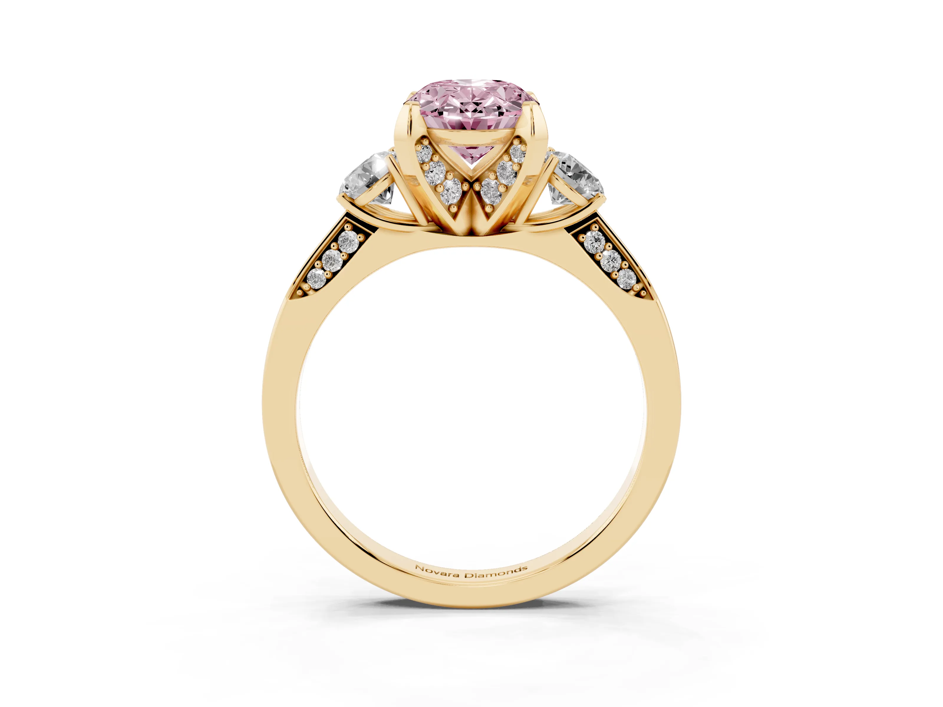 Fancy Pink Oval Cut Diamond Three-Stone Ring Set in Yellow gold with Pavé Band and Smaller Side Stones