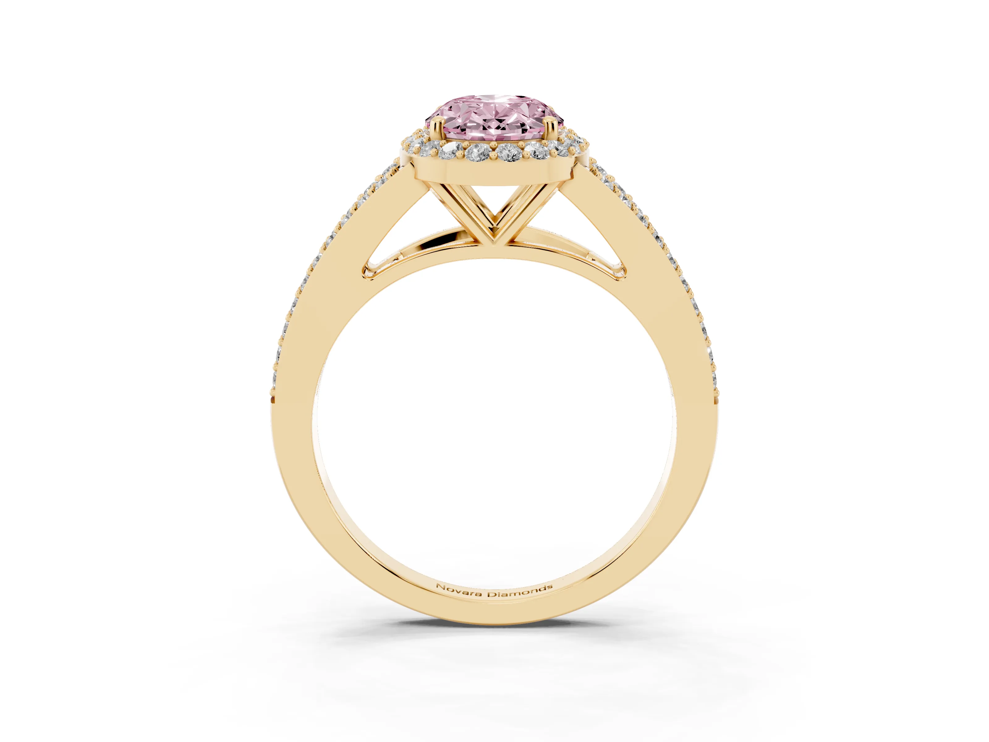 Fancy Pink Oval Cut Diamond Halo Split Shank Ring Set in Yellow gold with Accent Stones and Prong Setting