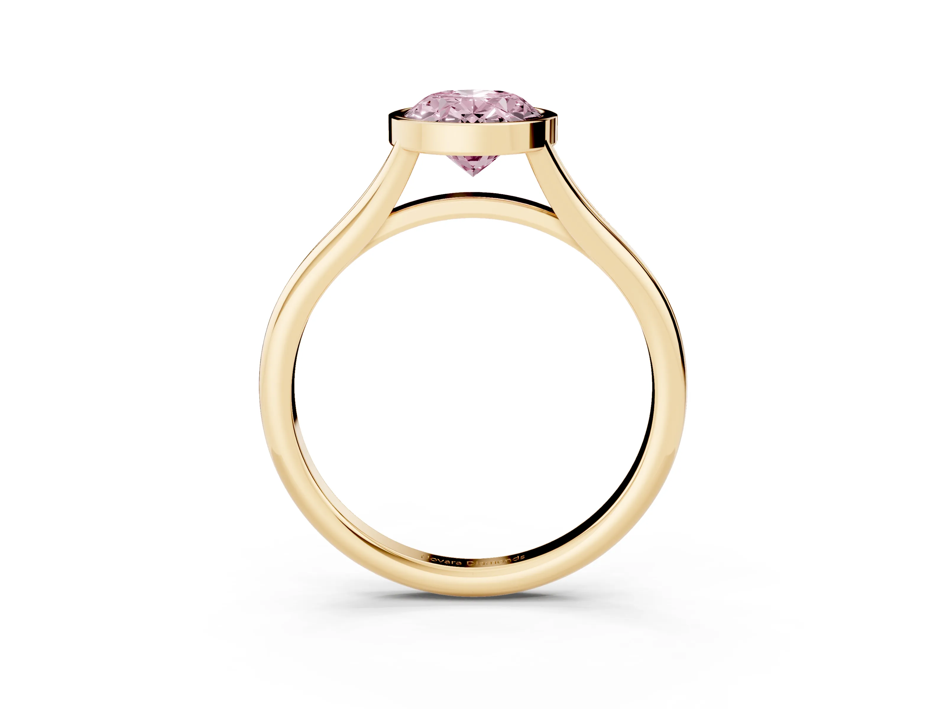 Fancy Pink Bezel Set Oval Cut Diamond Solitaire Ring Set in Yellow gold with Tapered Band