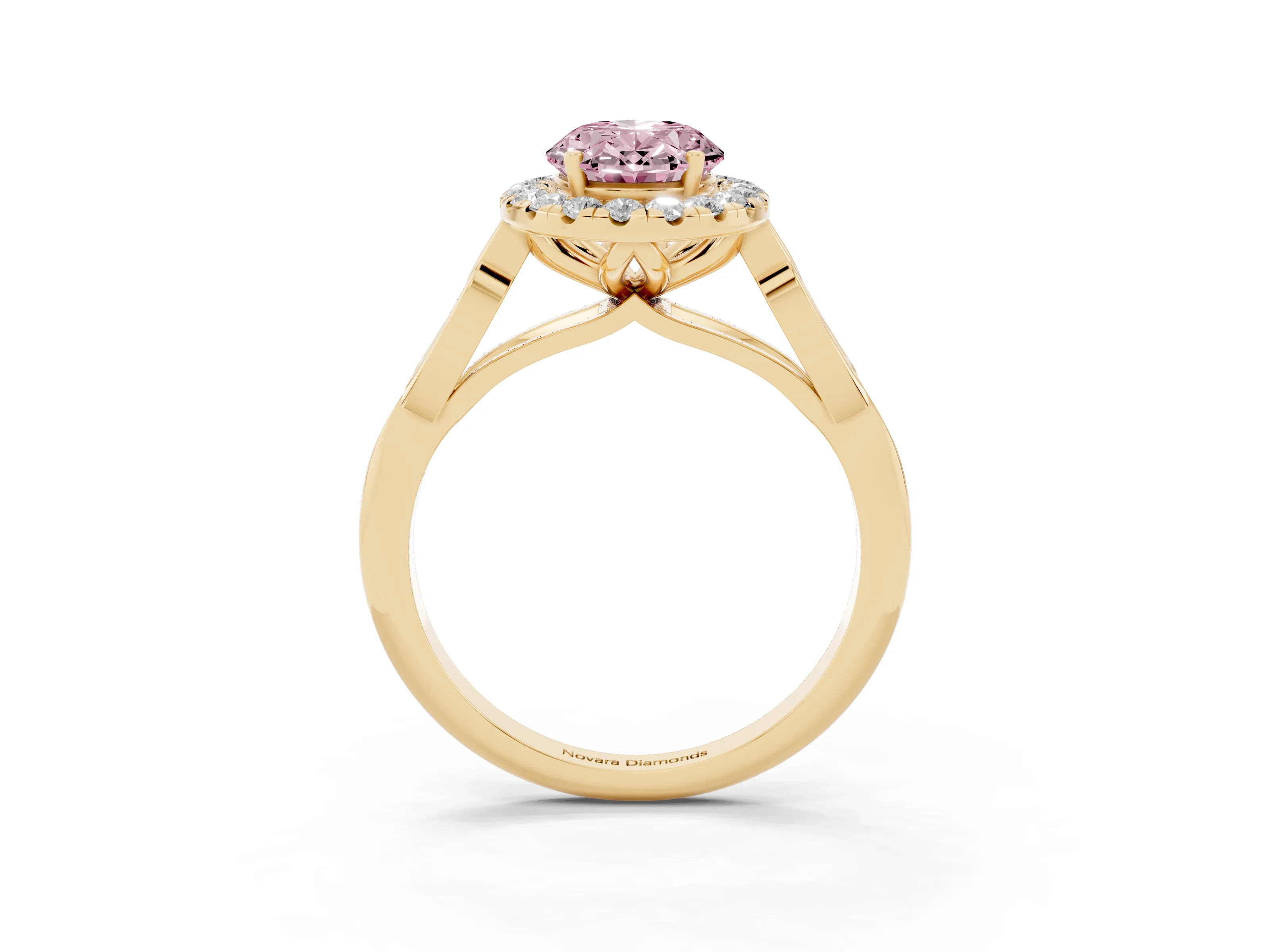 Fancy Pink Oval Cut Diamond Halo Engagement Ring Set in Yellow gold with Filigree Band and Prong-Set Center