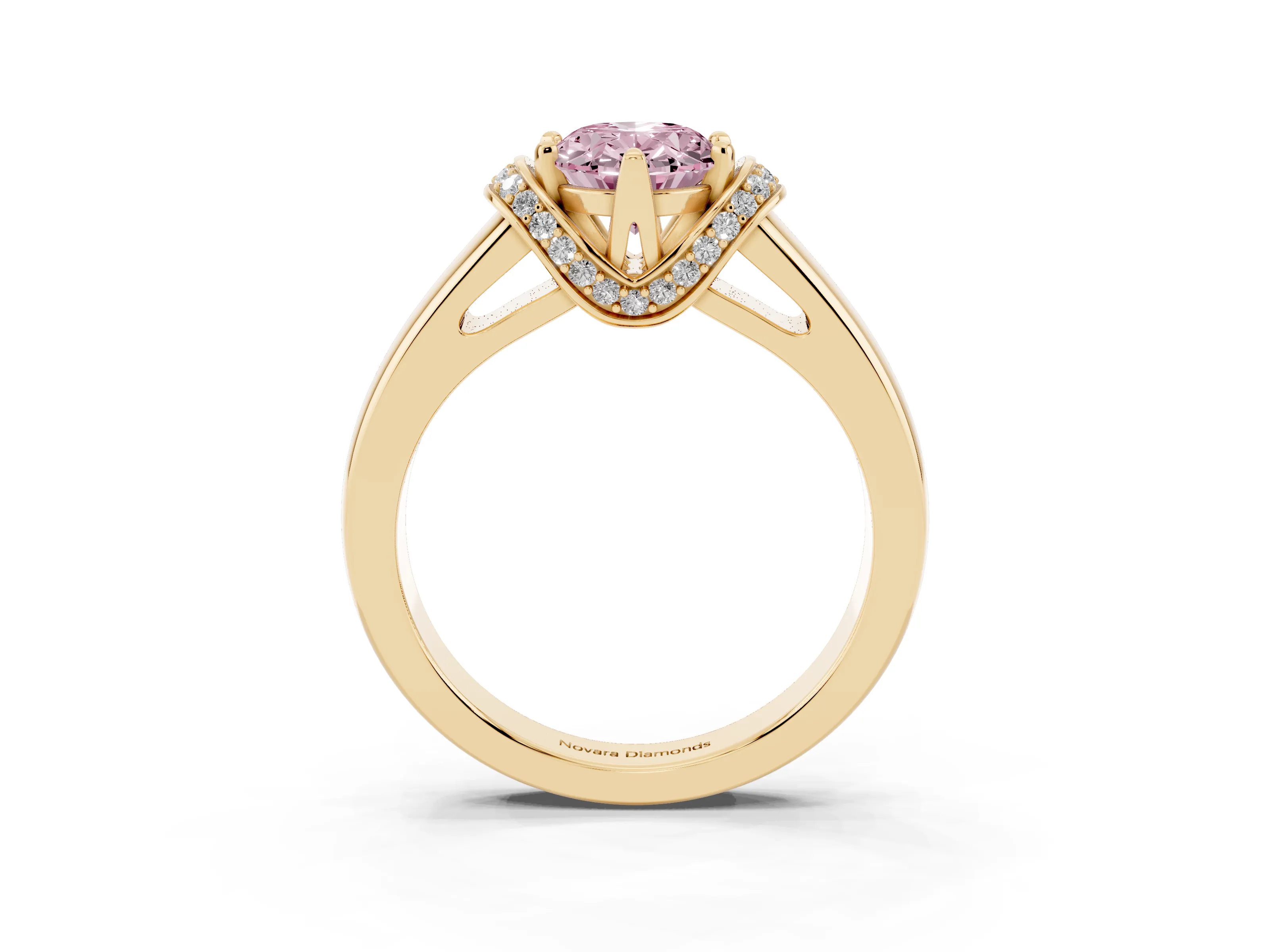 Fancy Pink Oval Cut Diamond Pavé Band Solitaire Ring Set in Yellow gold with Prong Setting