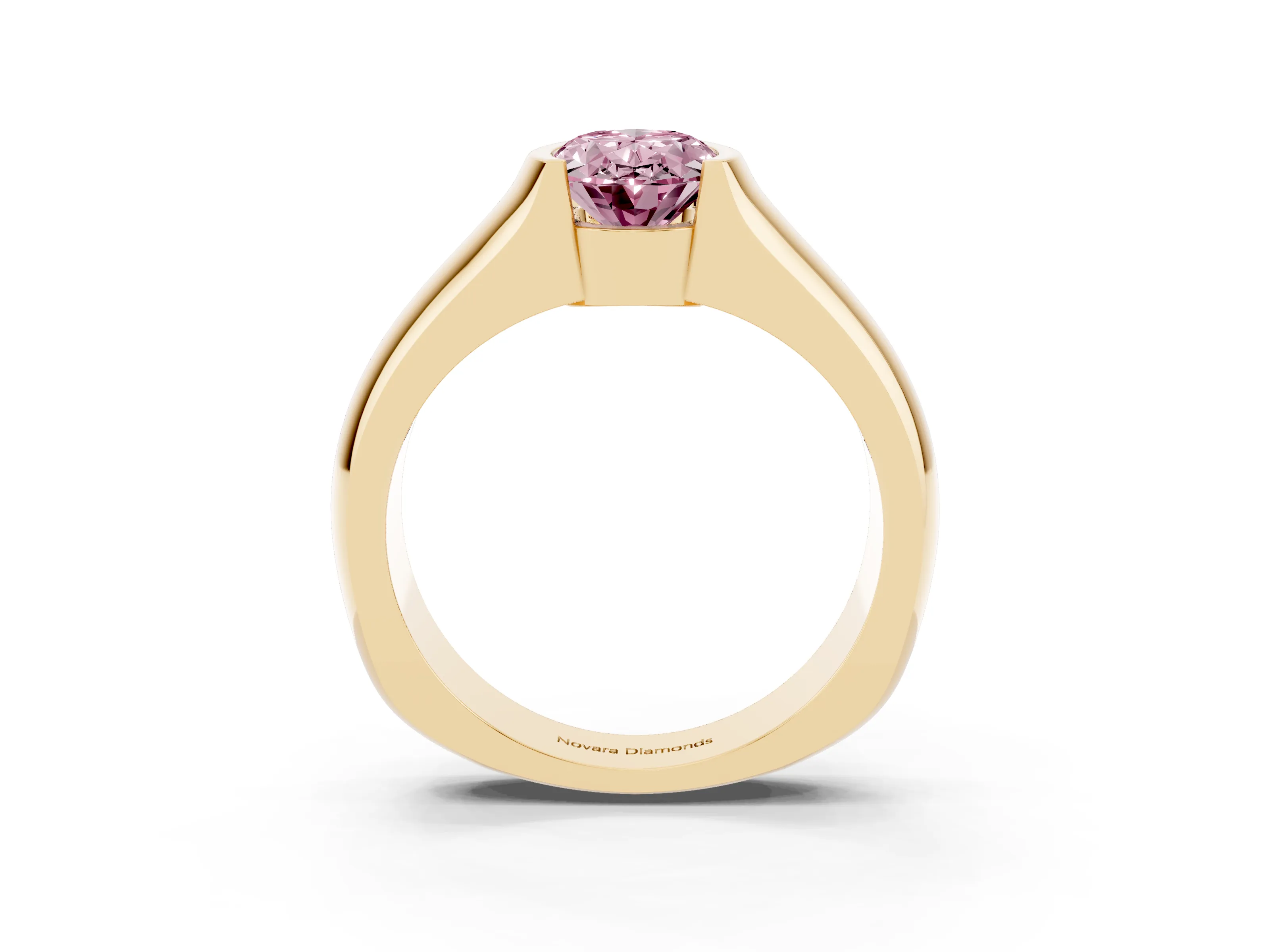 Fancy Pink Oval Cut Diamond Bezel Solitaire Ring Set in Yellow gold with Wide Band