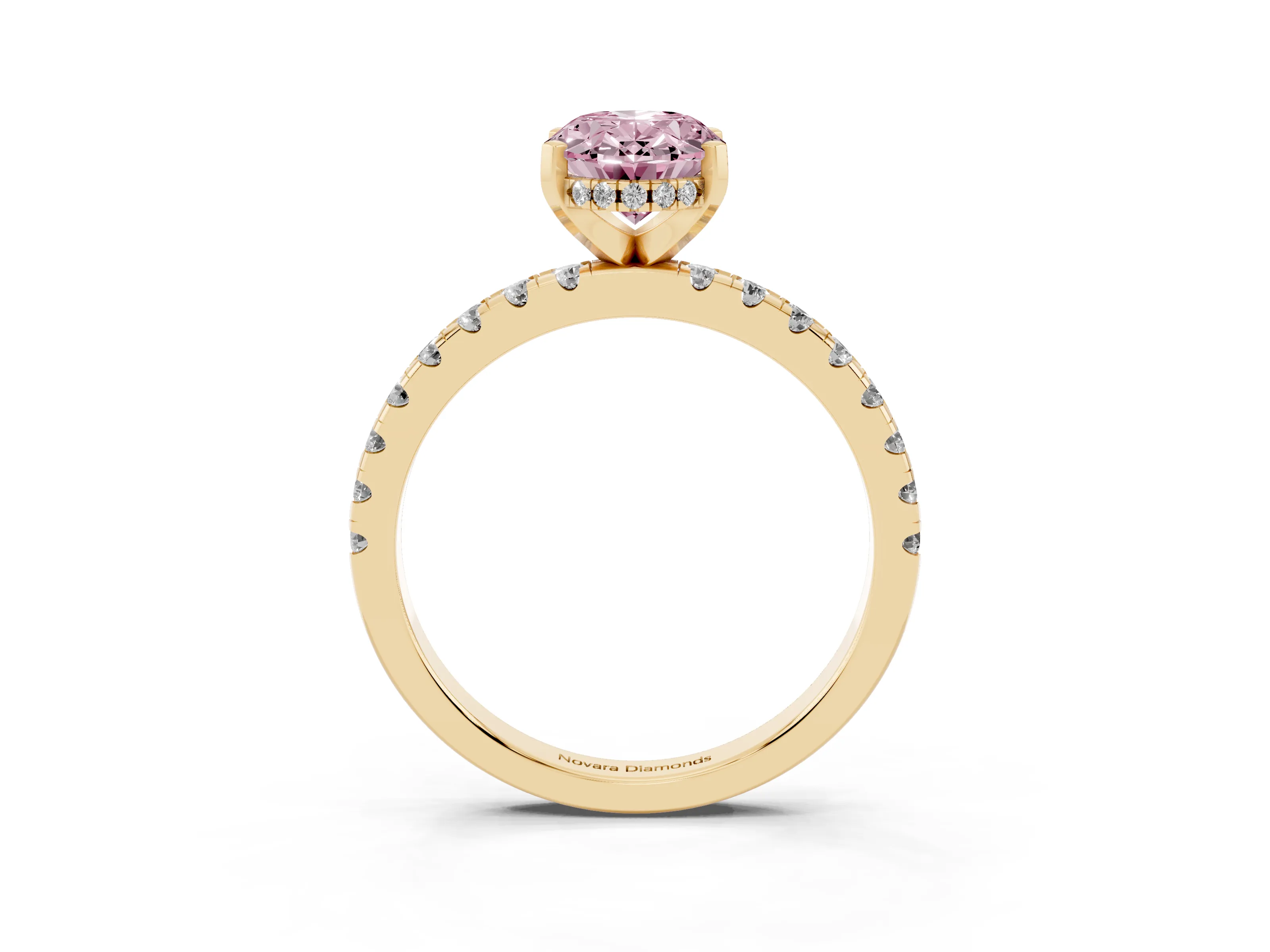 Fancy Pink Oval Cut Diamond Pavé Solitaire Ring Set in Yellow gold with Round Band Accents and Prong Setting