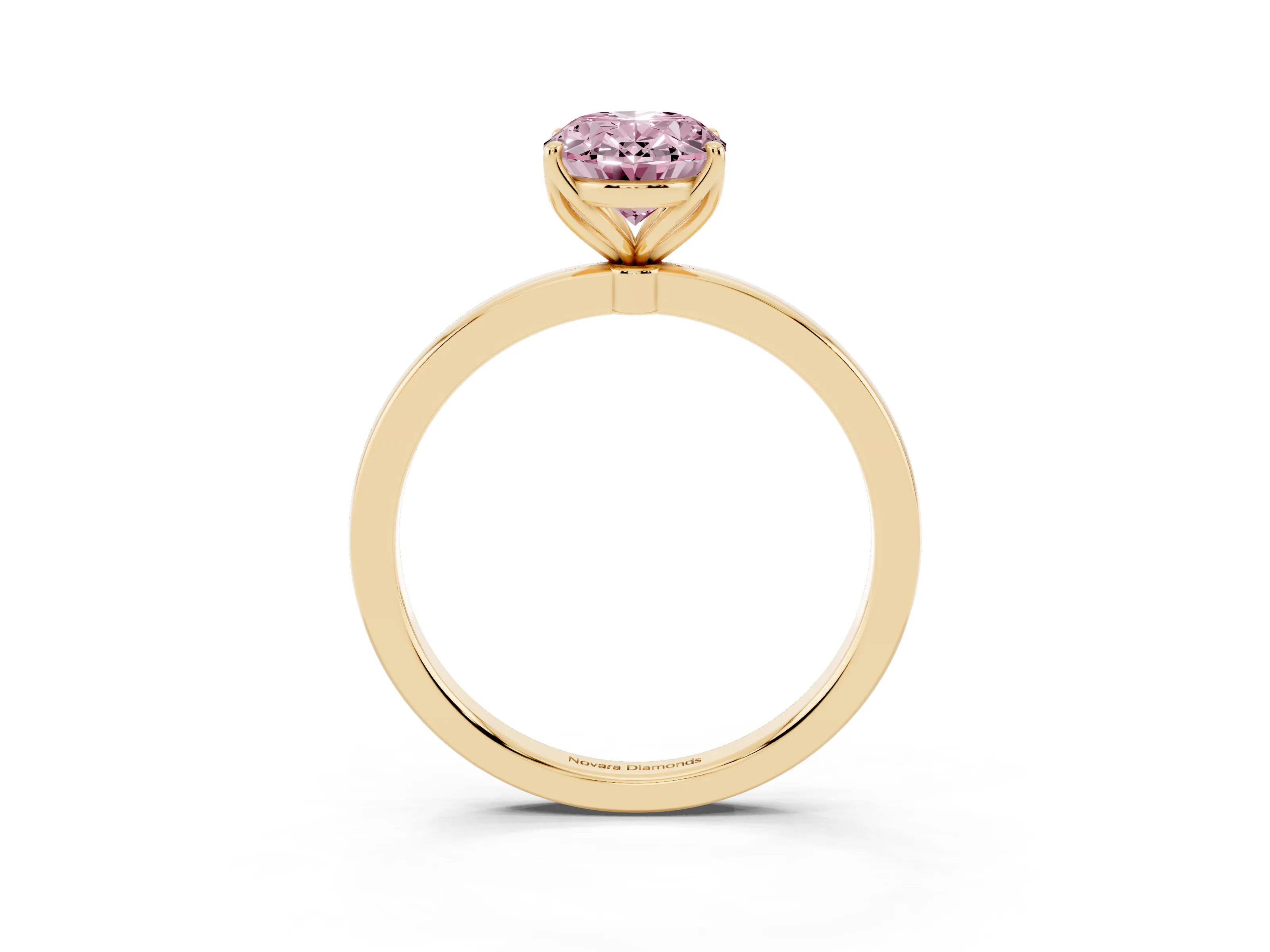 Fancy Pink Oval Cut Diamond Solitaire Ring Set in Yellow gold with Prong Setting and Thin Polished Band