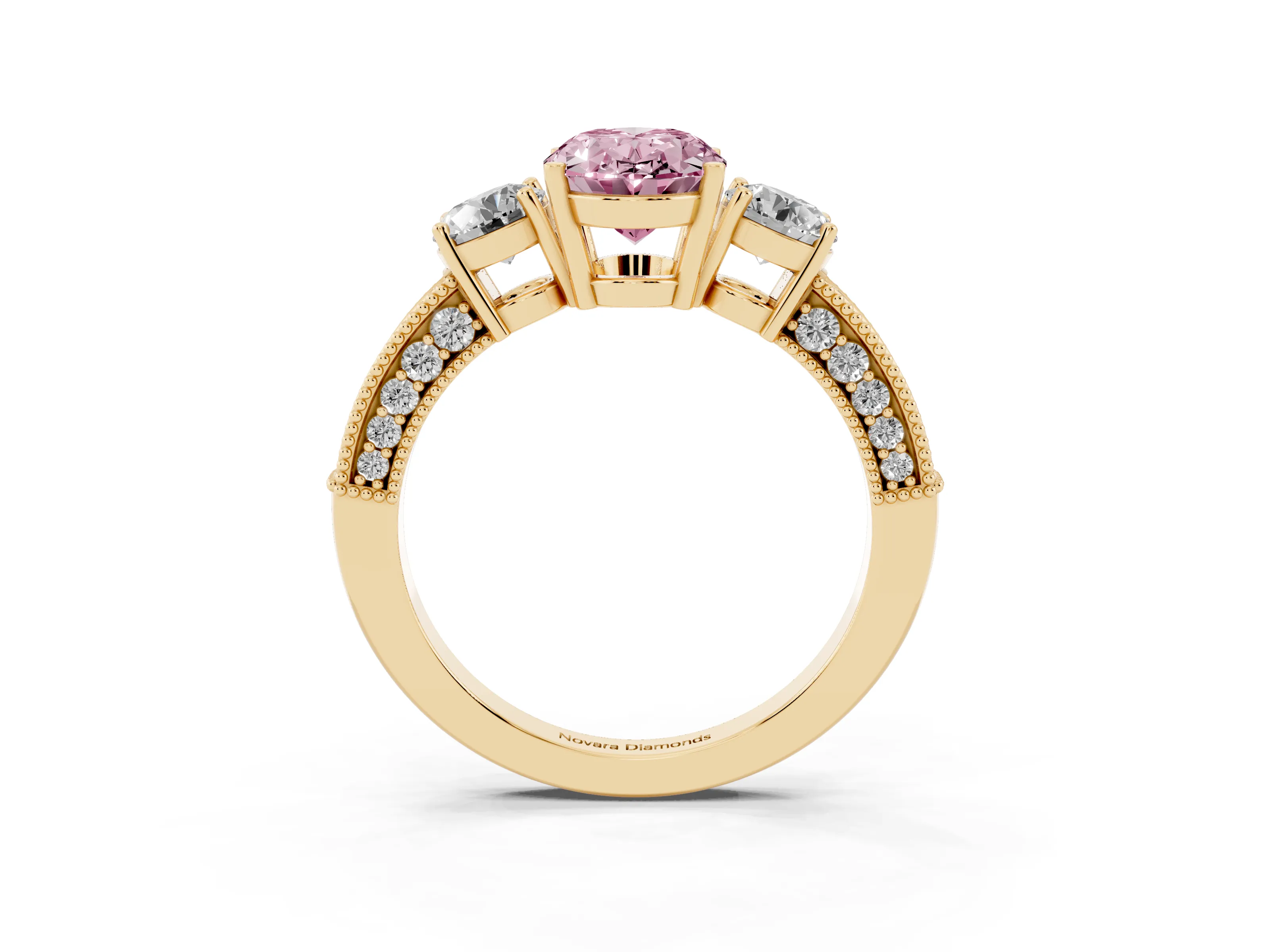 Fancy Pink Oval Cut Diamond Three-Stone Ring Set in Yellow gold with Round Side Stones and Pavé Band