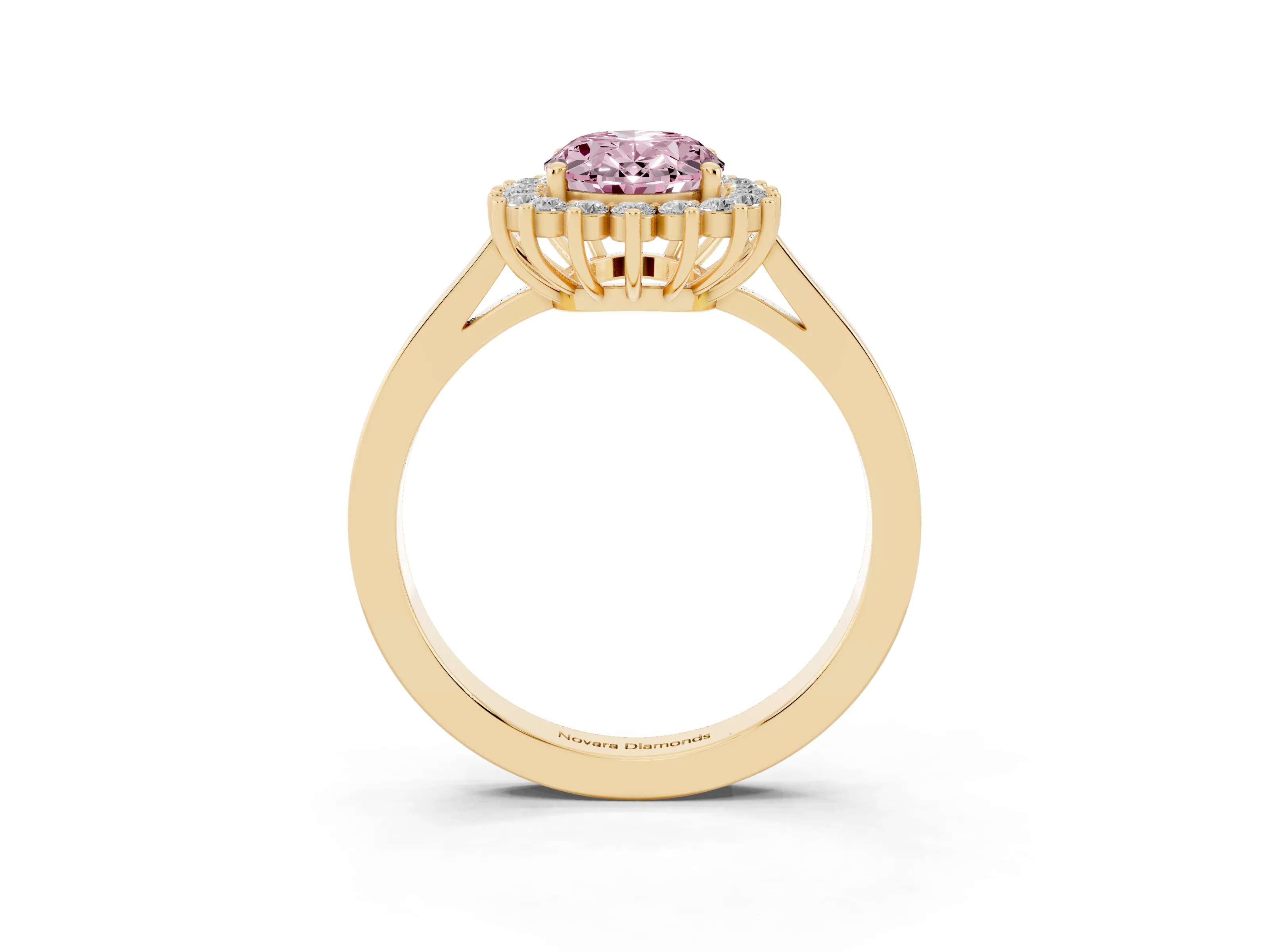 Fancy Pink Oval Cut Diamond Halo Ring Set in Yellow gold with Round Halo and Smooth Solitaire Band