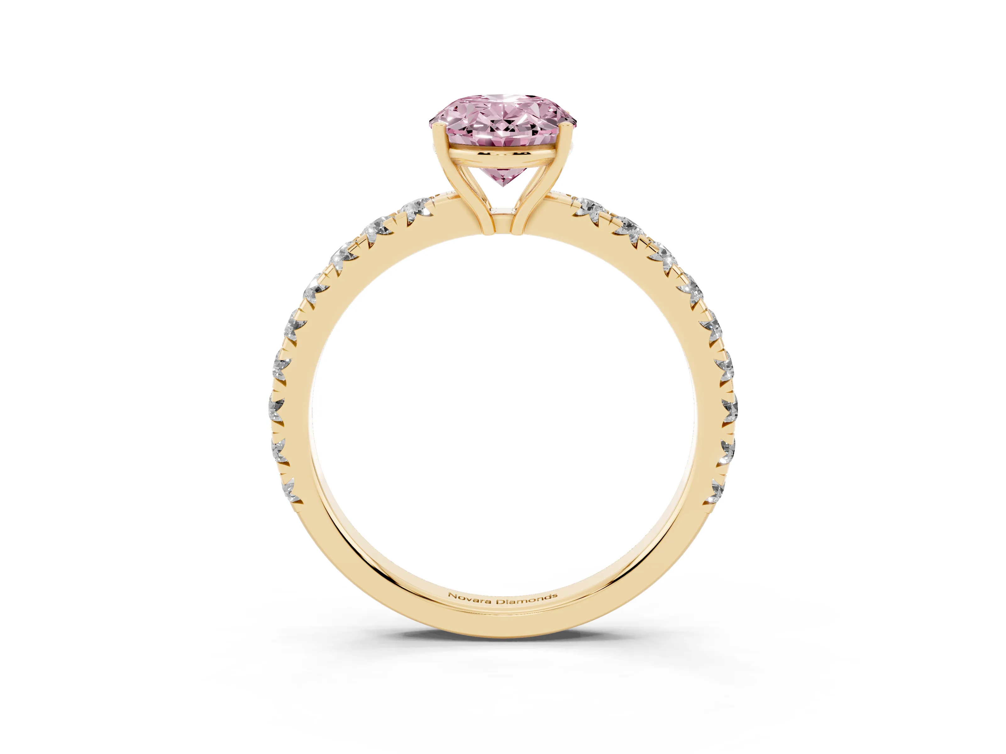 Fancy Pink Oval Cut Diamond Pavé Solitaire Engagement Ring Set in Yellow gold with Prong Setting