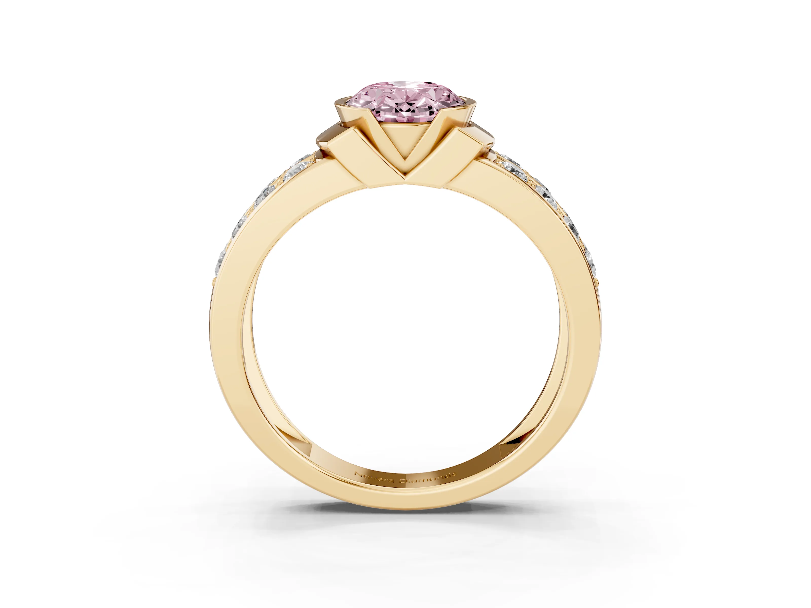 Fancy Pink Oval Cut Diamond Wide Channel Set Band Ring Set in Yellow gold with Bezel Setting
