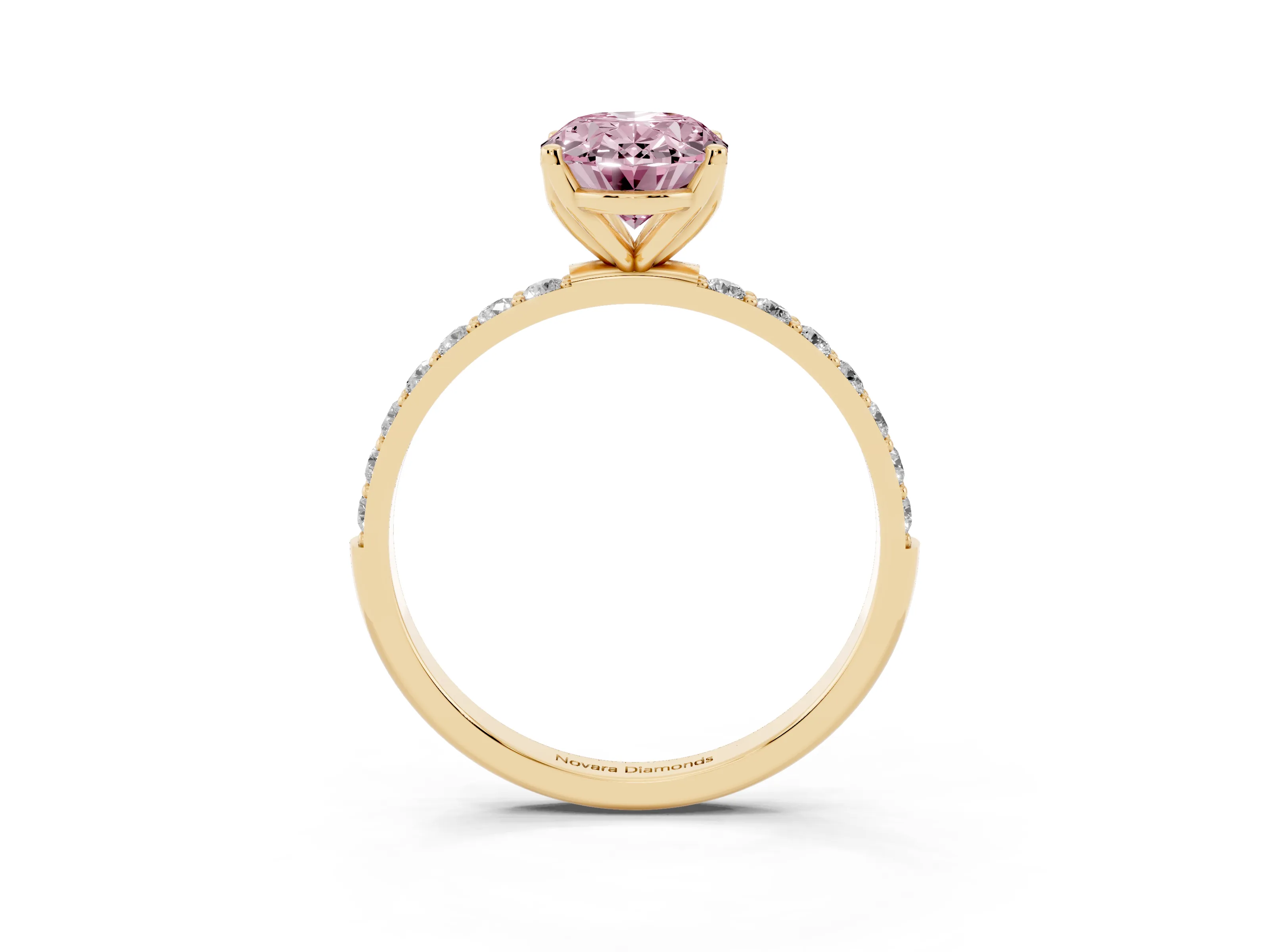 Fancy Pink Oval Cut Diamond Solitaire Engagement Ring Set in Yellow gold with Round Pavé Band and Prong Setting