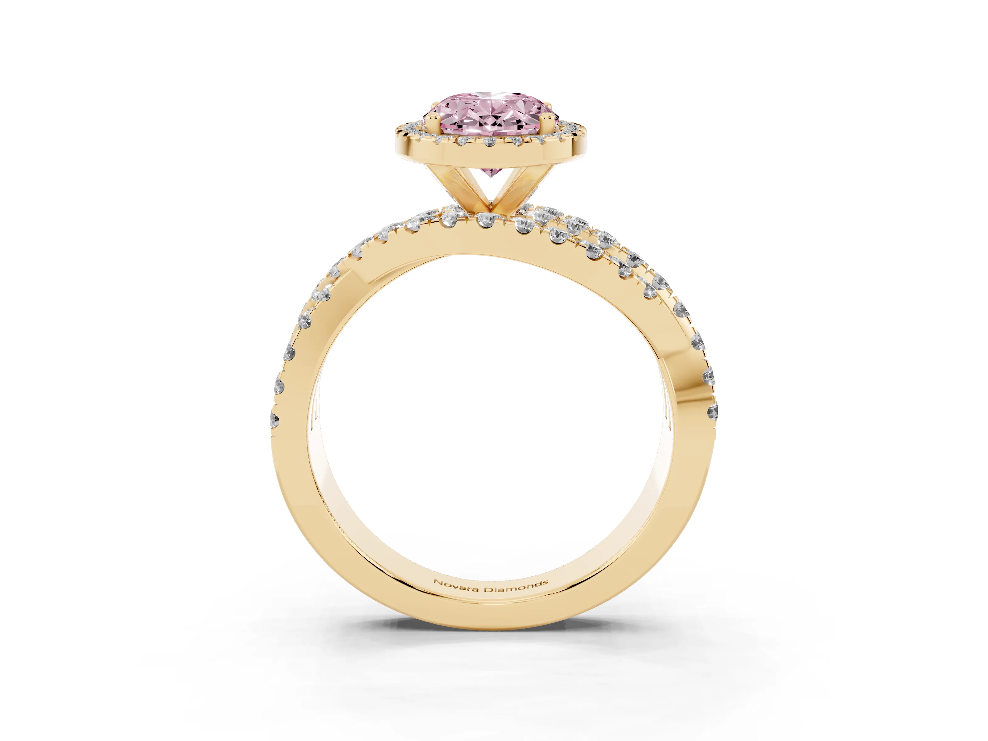 Fancy Pink Oval Cut Diamond Halo Ring Set in Yellow gold with Round Crossover Split Shank and Prong Setting