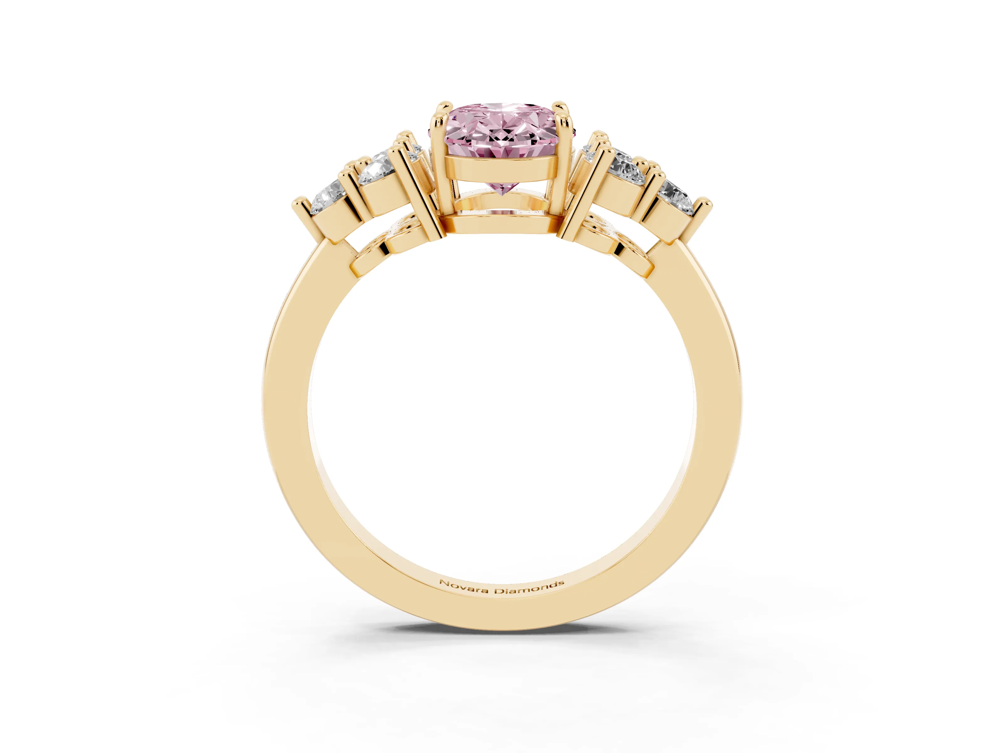Fancy Pink Oval Cut Diamond Solitaire Ring Set in Yellow gold with Cluster Accents on Each Side