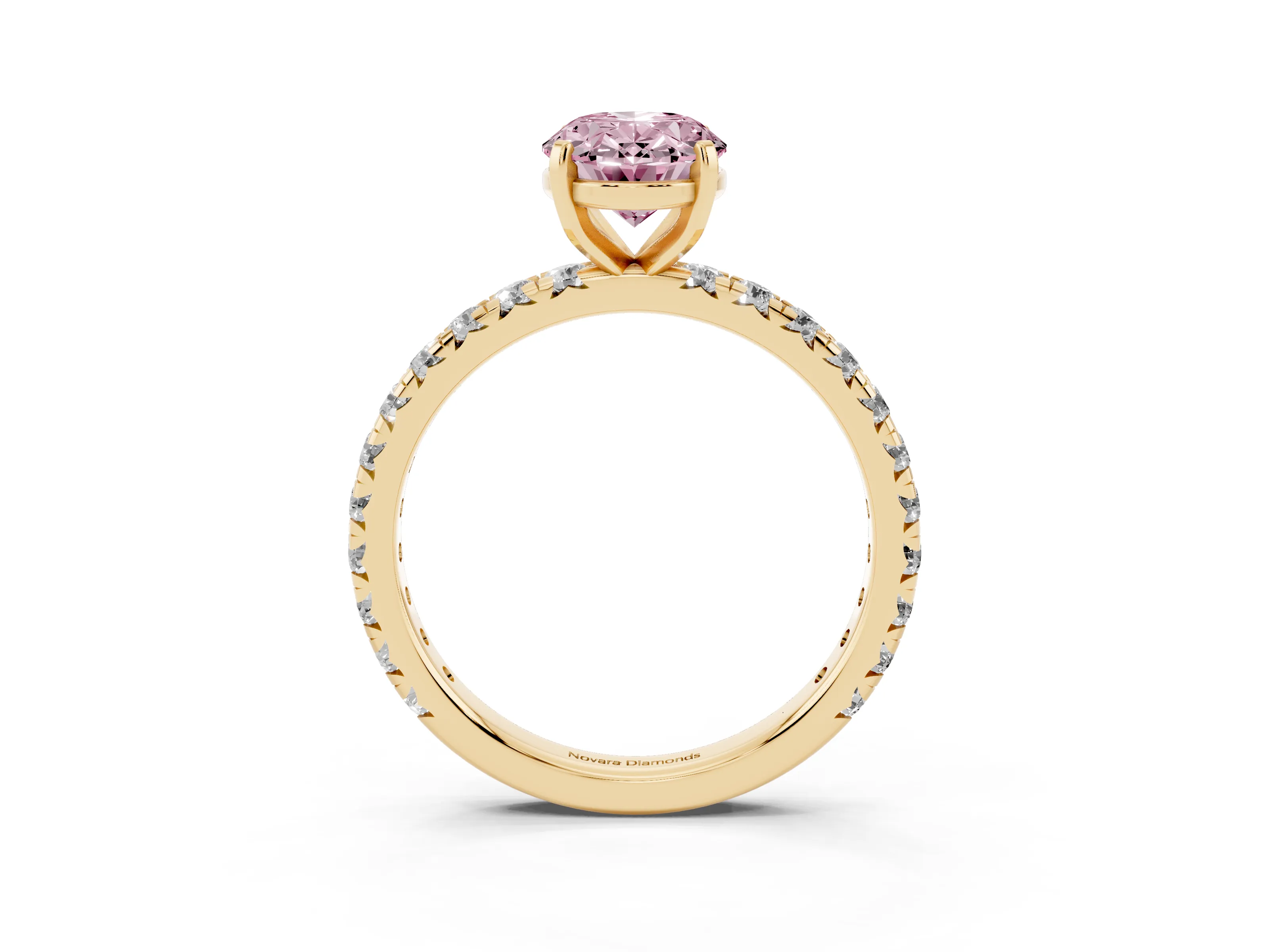 Fancy Pink Oval Cut Diamond Pavé Solitaire Ring Set in Yellow gold with Round Band and Prong Setting