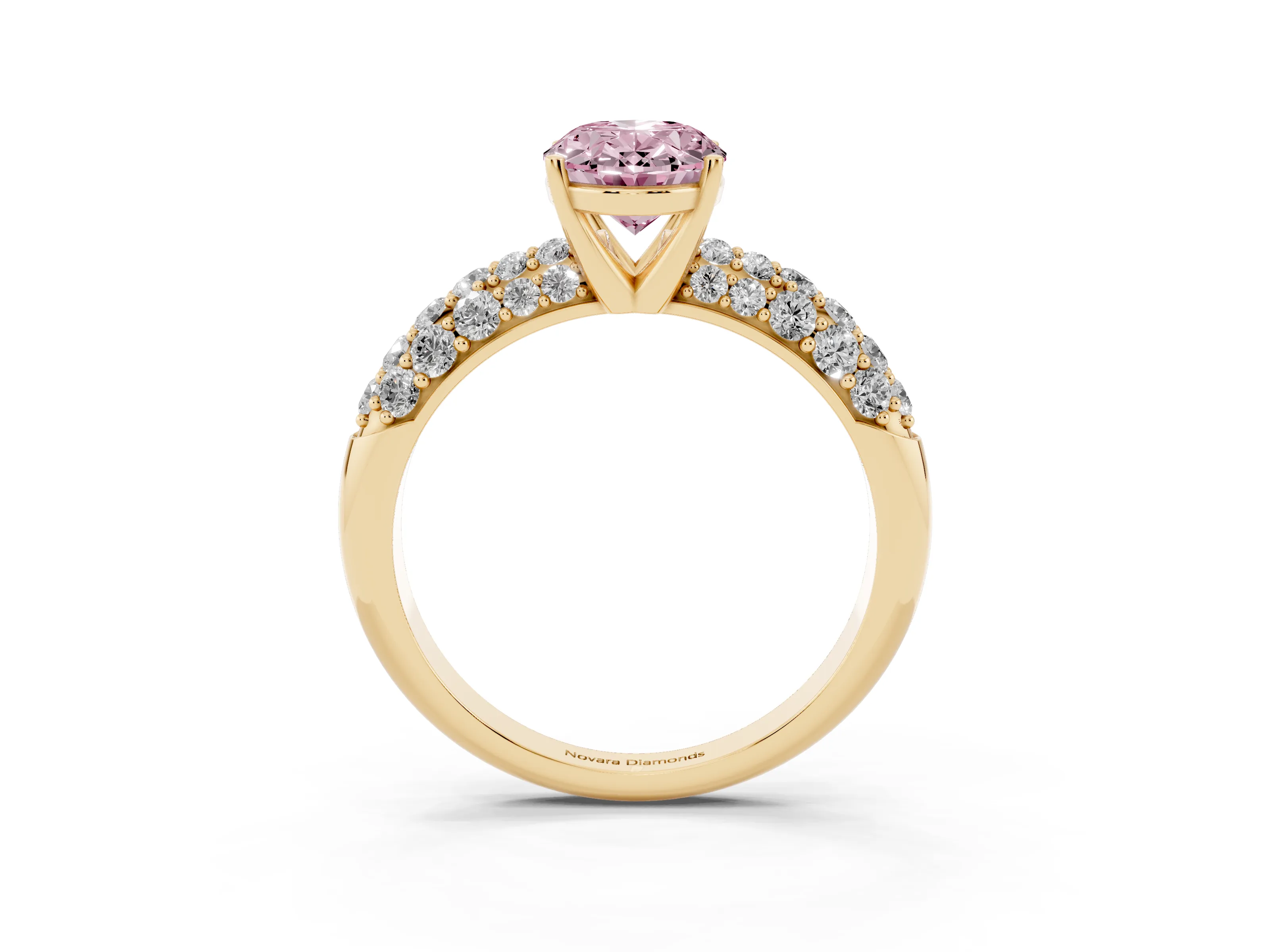 Fancy Pink Oval Cut Diamond Pavé Band Solitaire Ring Set in Yellow gold with Close-Set Accent Stones and Prong Setting