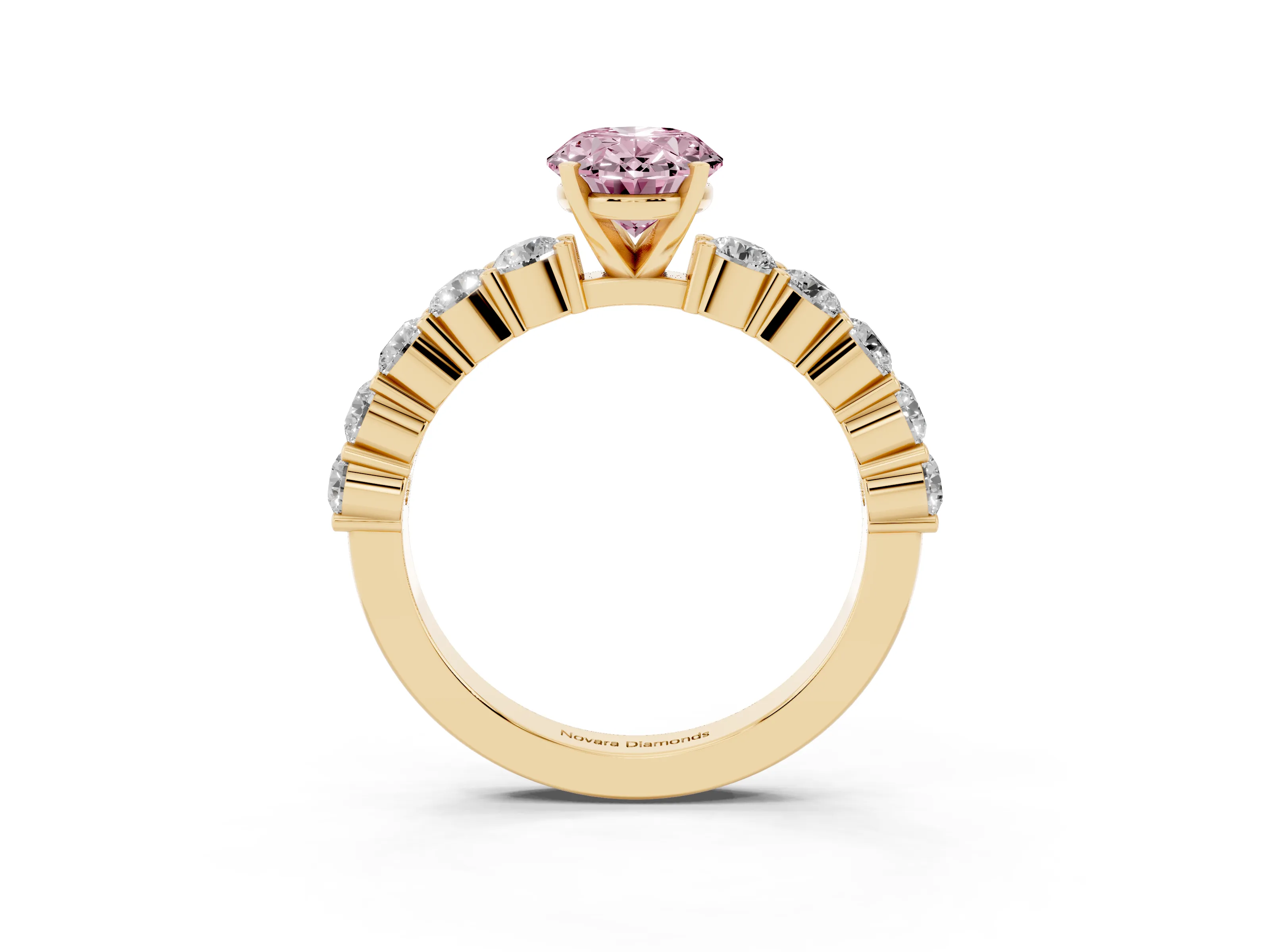 Fancy Pink Oval Cut Diamond Solitaire Ring Set in Yellow gold with Shared Prong Round Side Stones