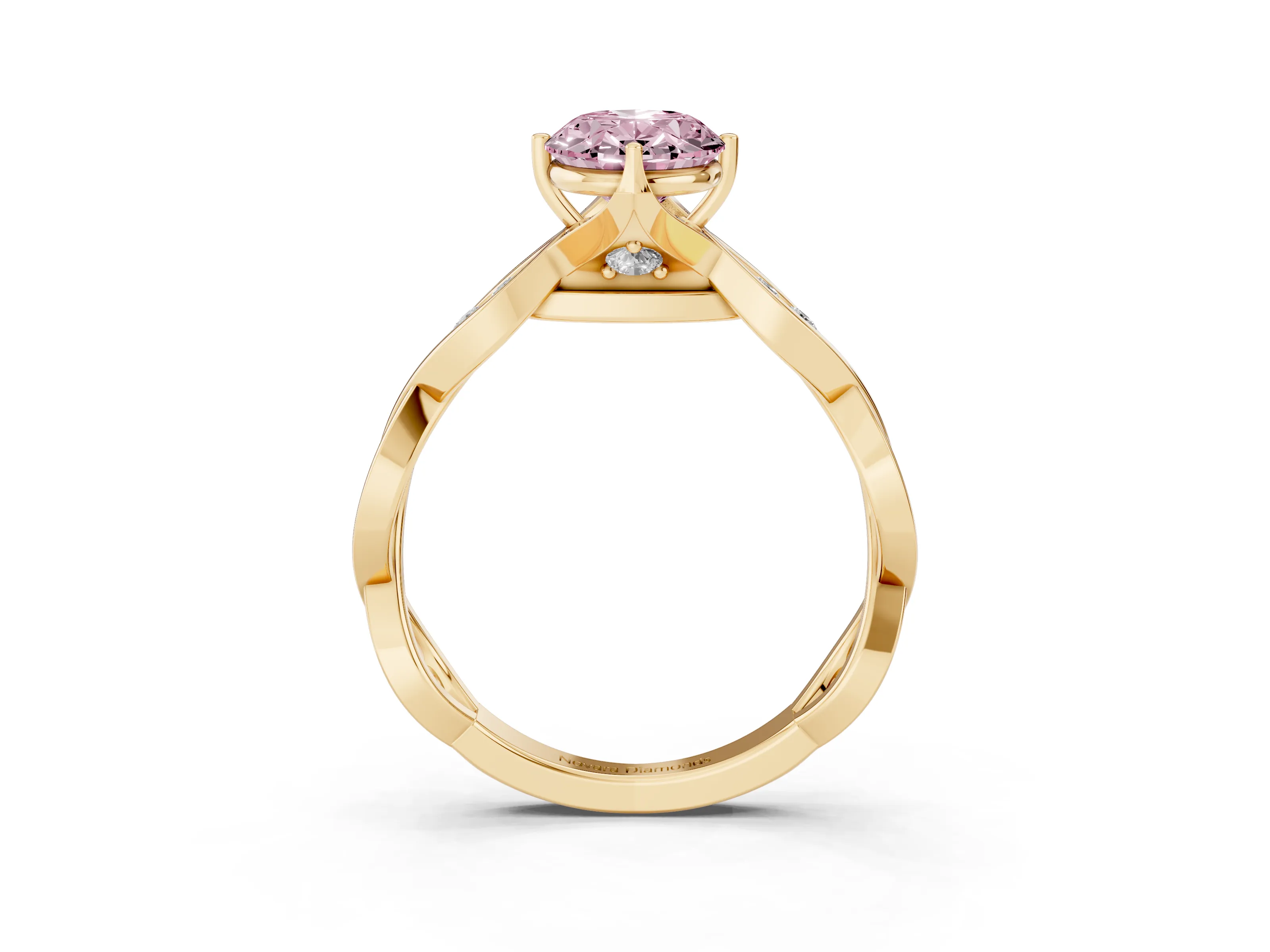 Fancy Pink Oval Cut Diamond Twist Band Solitaire Ring Set in Yellow gold with Leaf Prong Setting and Accent Stones