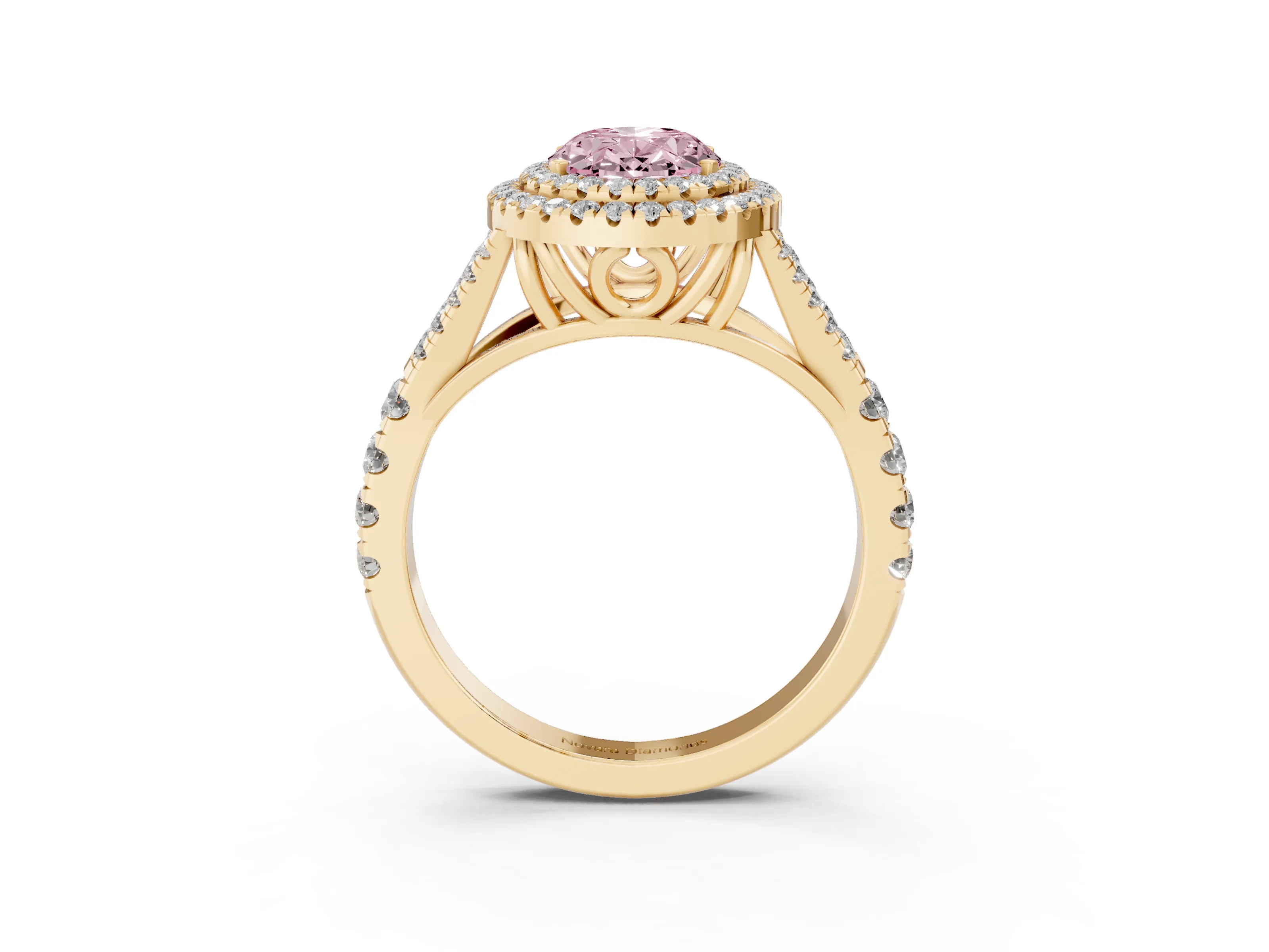 Fancy Pink Oval Cut Diamond Pavé Split Shank Double Halo Engagement Ring Set in Yellow gold
